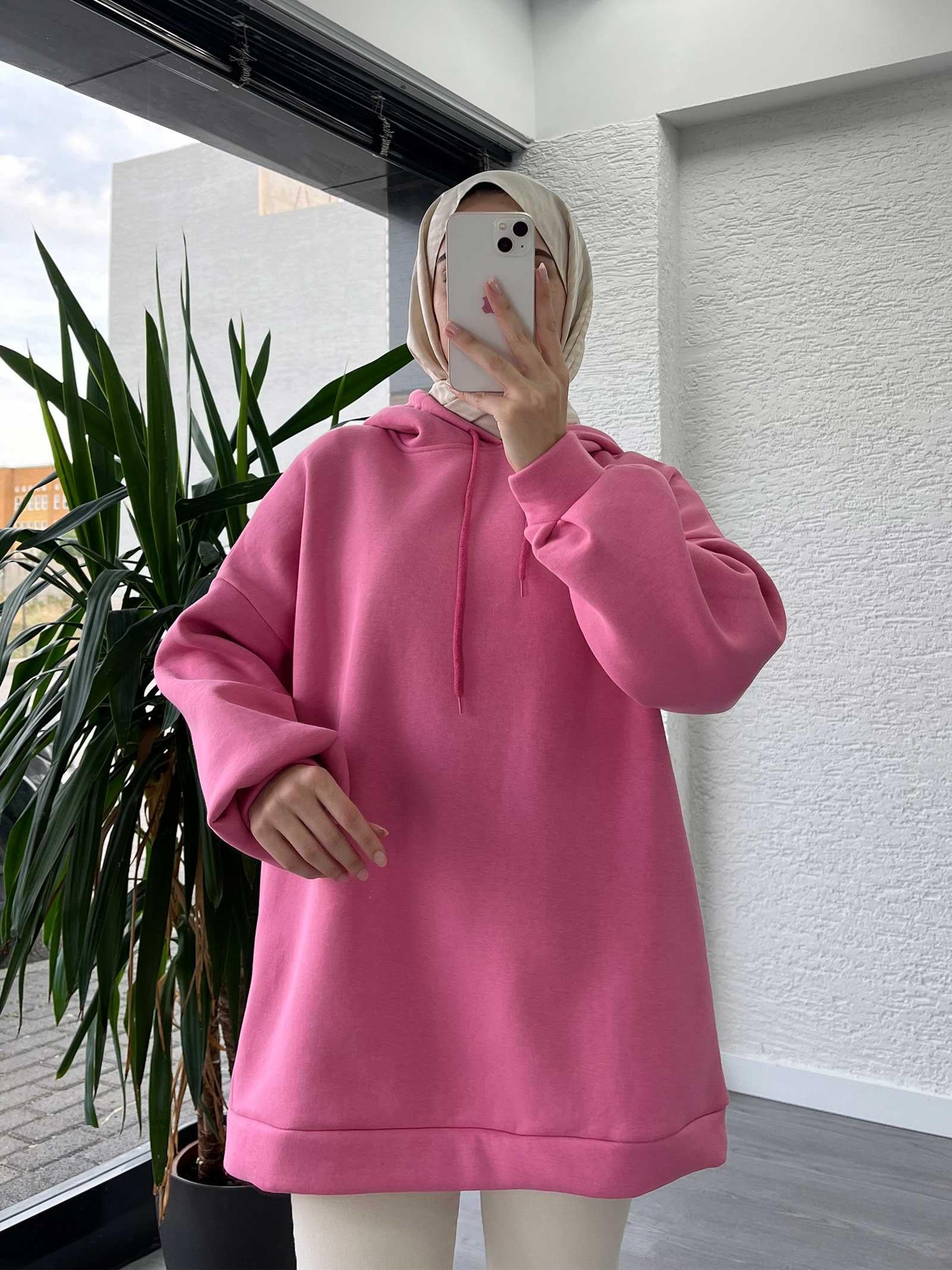 Pembe Oversize Kapüşonlu Sweat