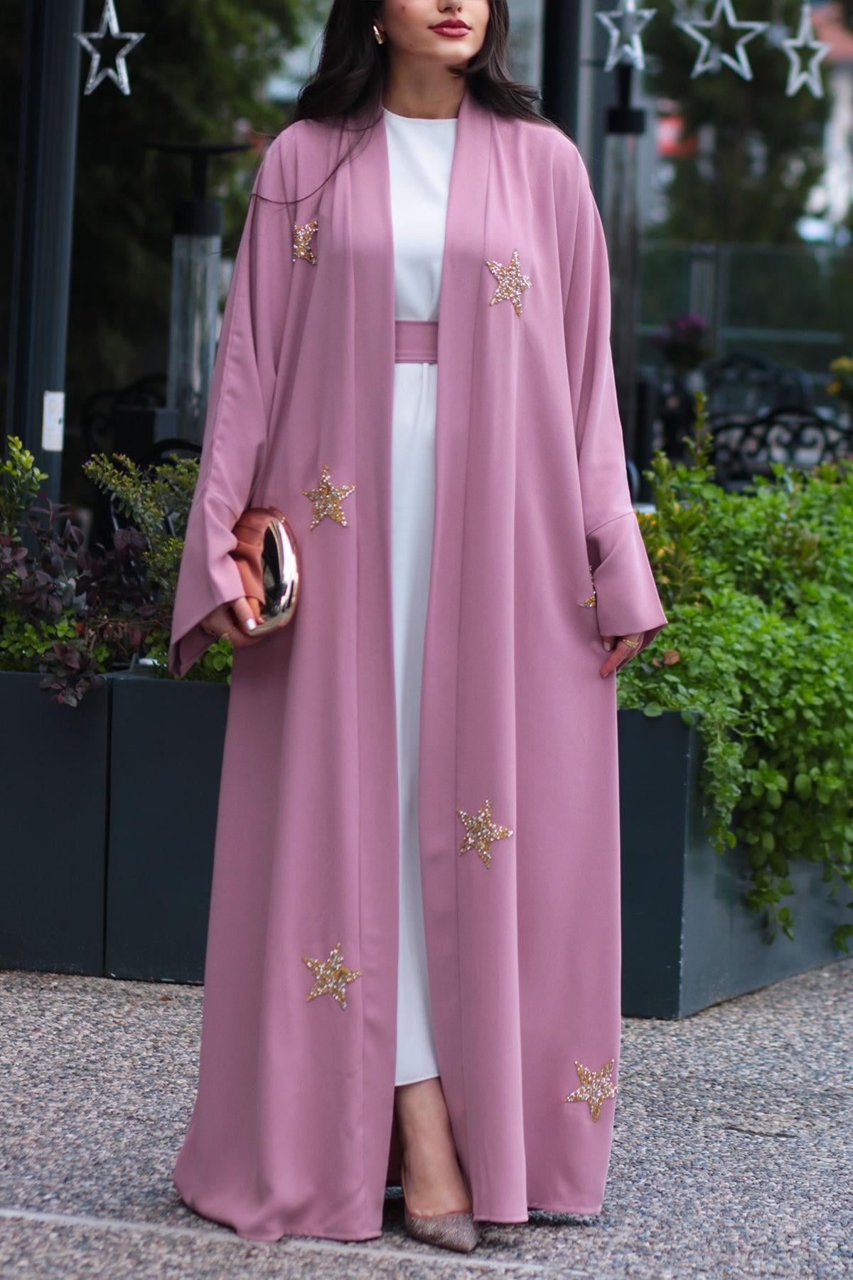 Pembe Yıldız Detaylı Abaya 