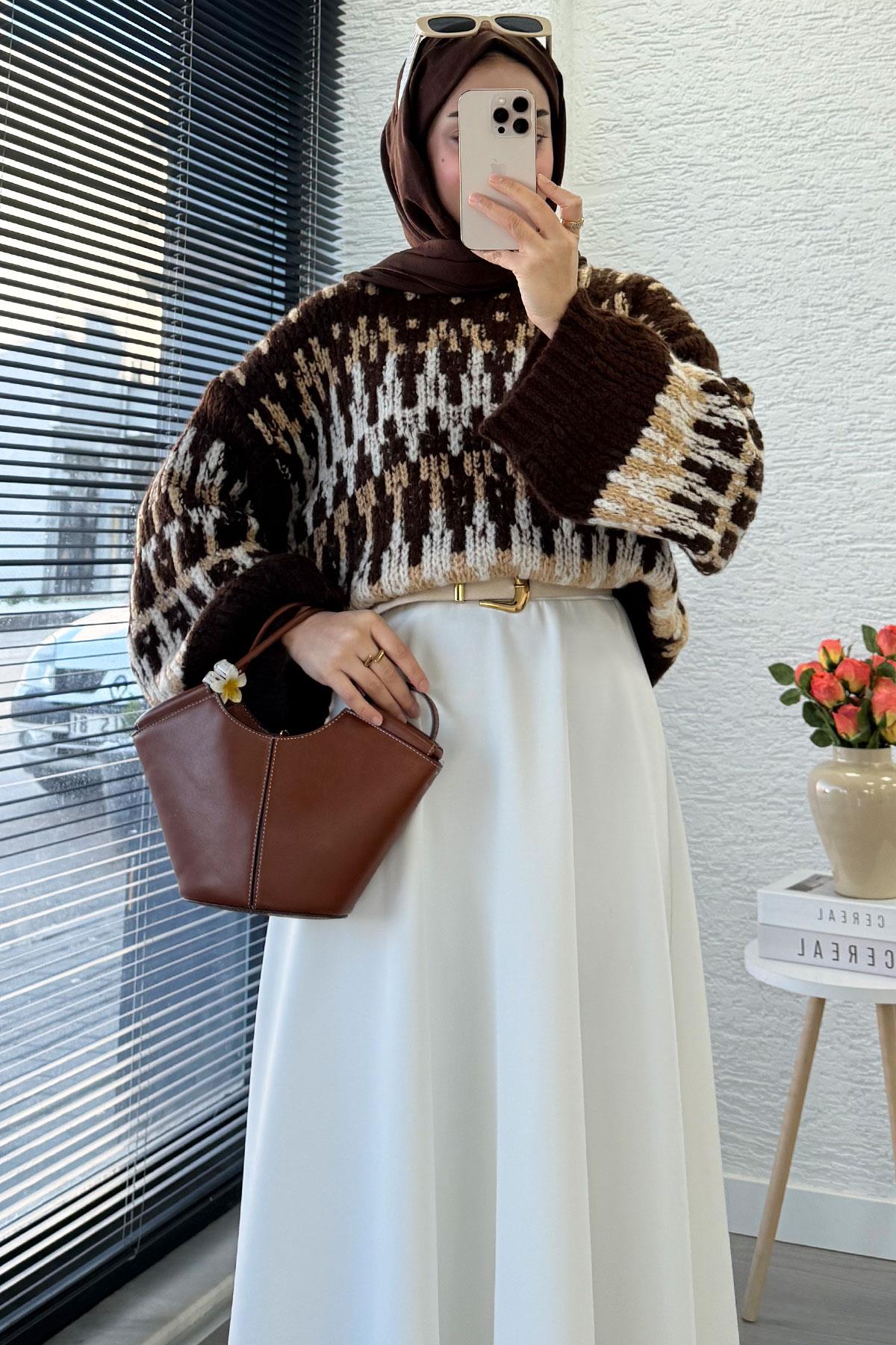 Pinterest Model Balon Kol Kısa Triko Kazak -Kahverengi