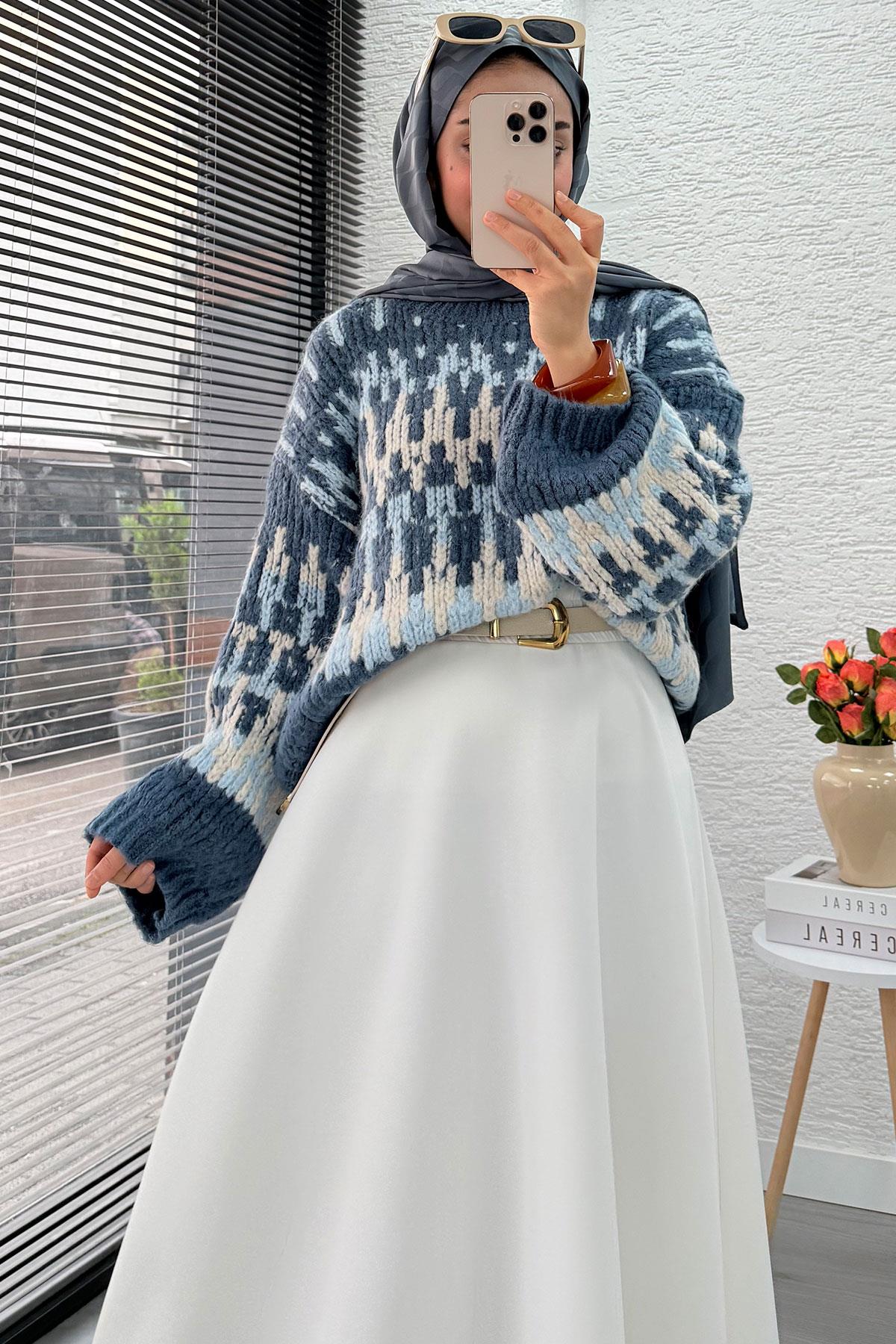 Pinterest Model Balon Kol Kısa Triko Kazak -İndigo