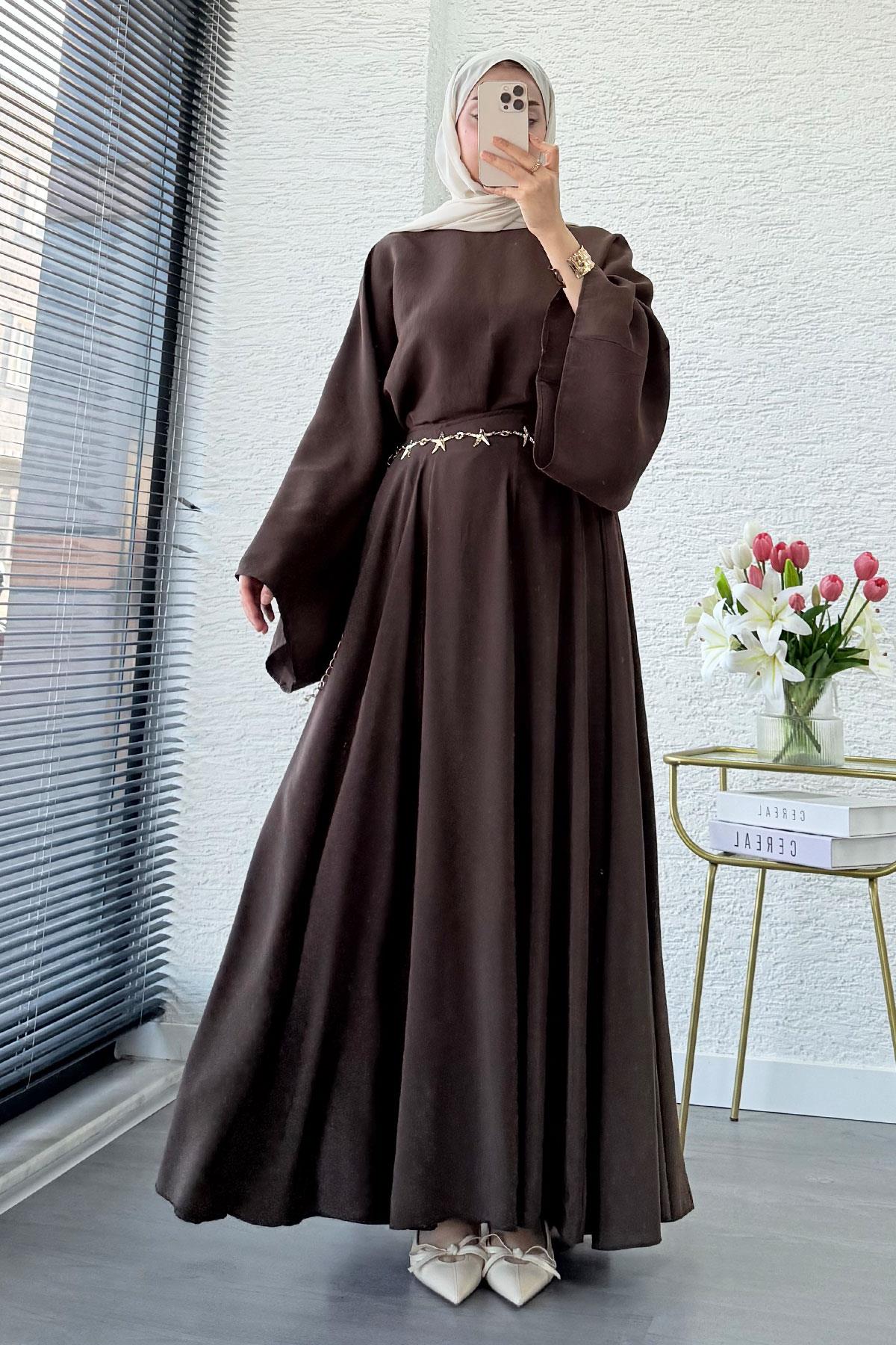Pinterest Yarasa Kol Flare Etekli Takım – Kahverengi