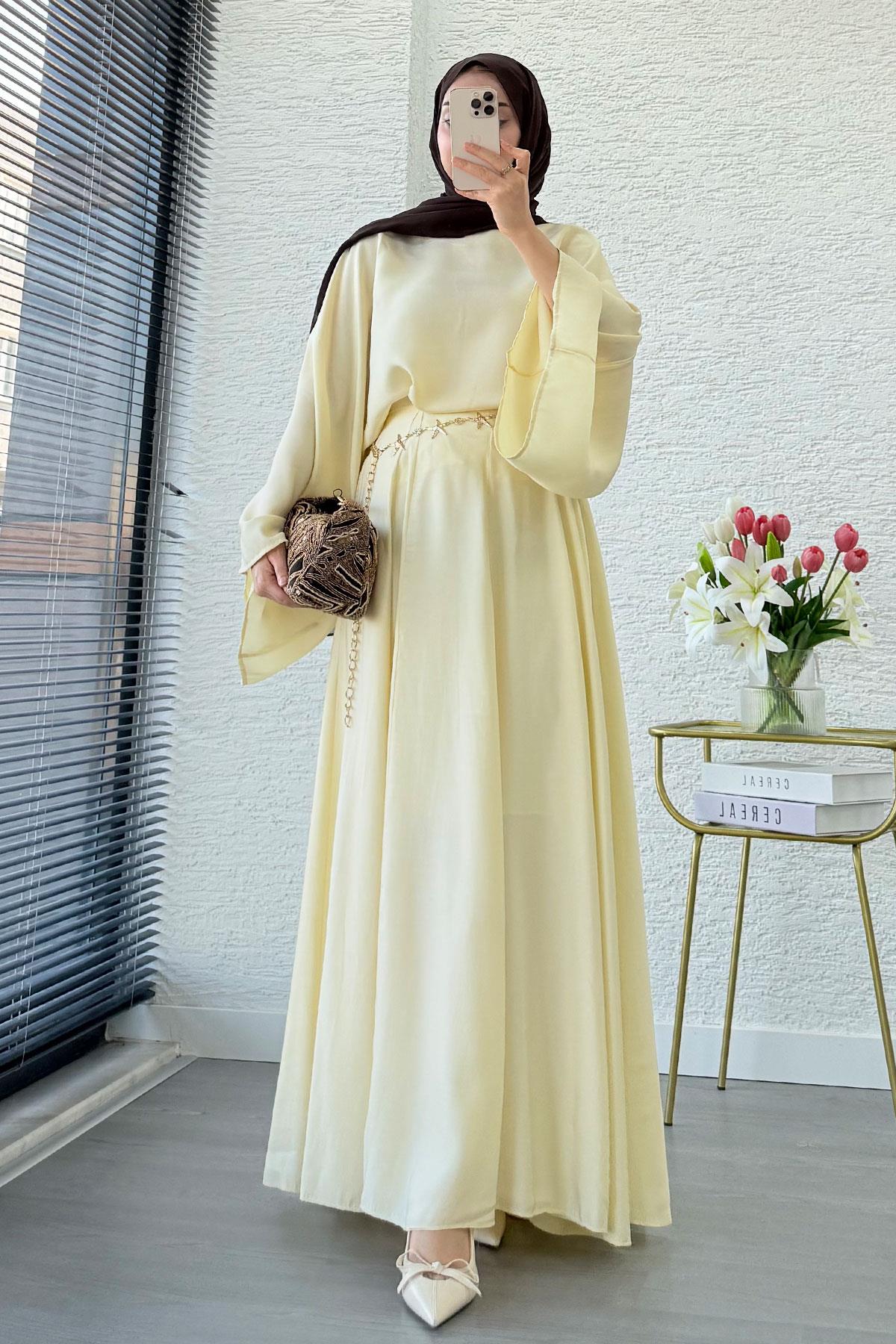 Pinterest Yarasa Kol Flare Etekli Takım – Sarı