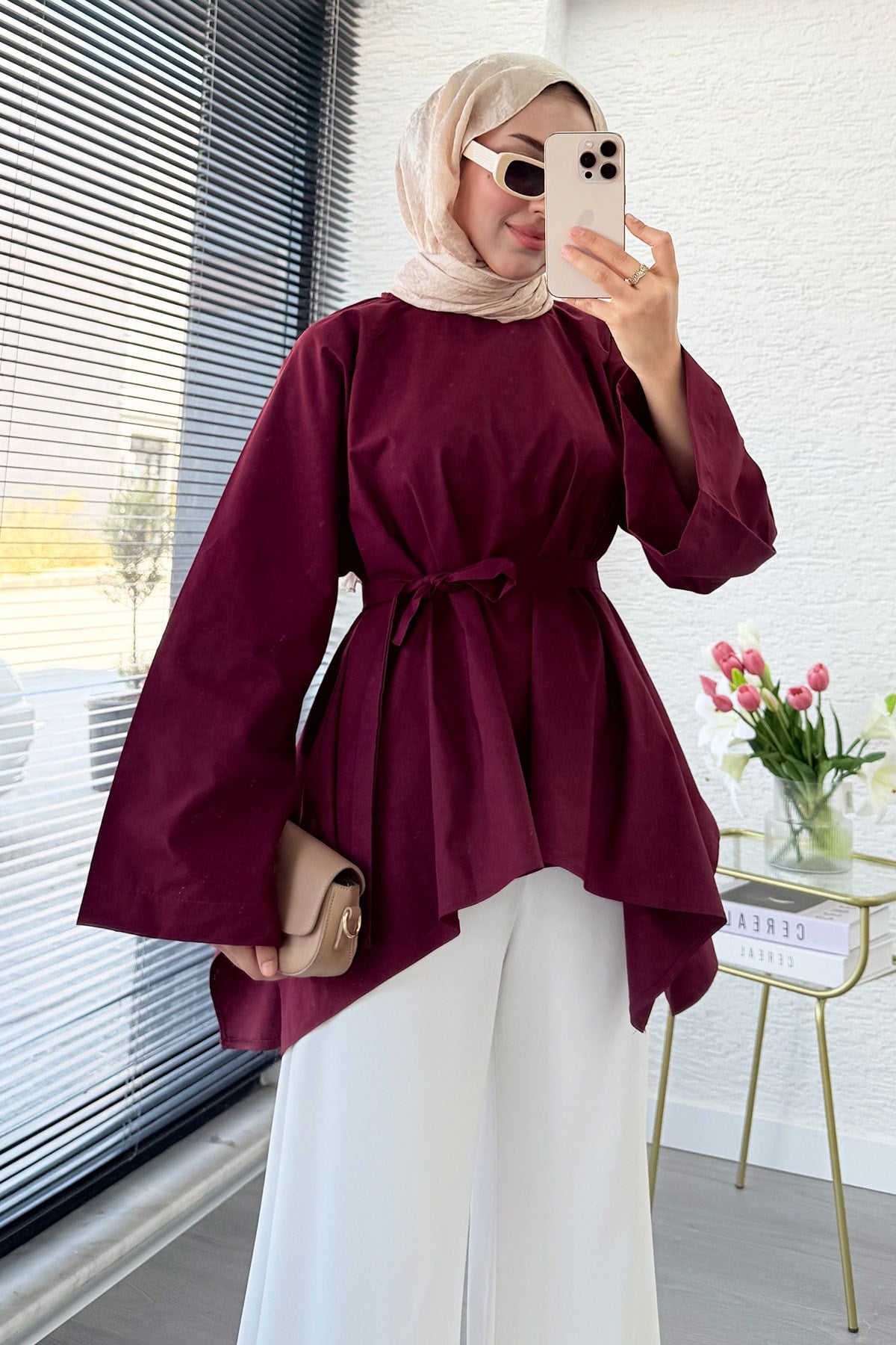 Premium Asimetrik Kesim Kuşaklı Poplin Bluz - Bordo