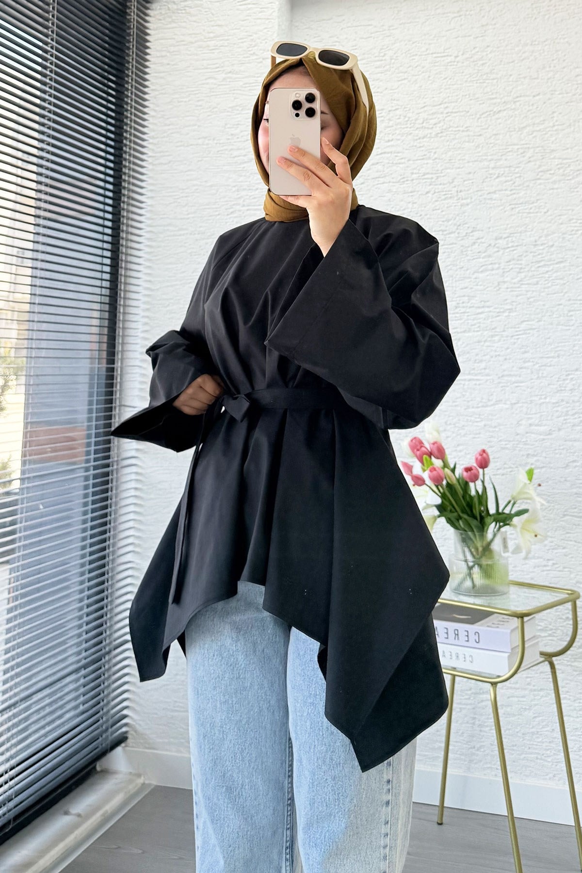 Premium Asimetrik Kesim Kuşaklı Poplin Bluz - Siyah