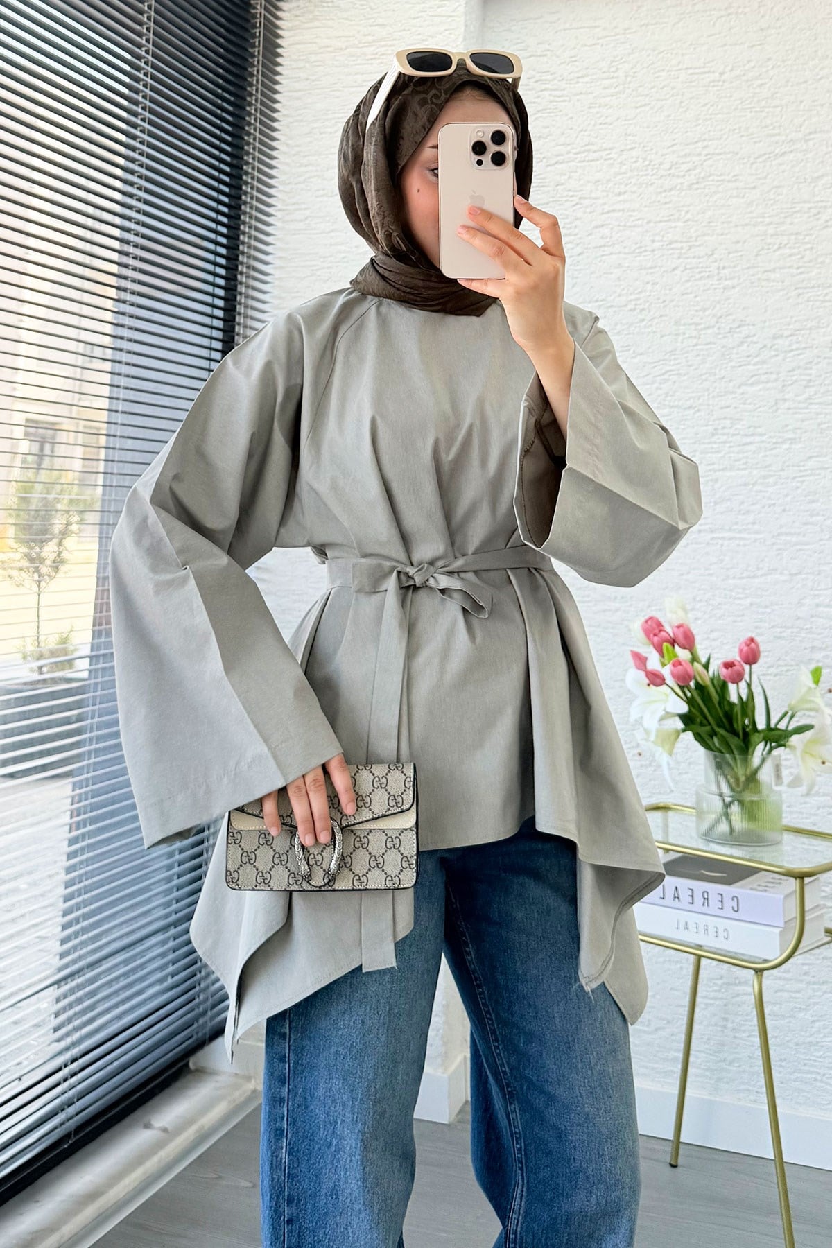 Premium Asimetrik Kesim Kuşaklı Poplin Bluz - Haki