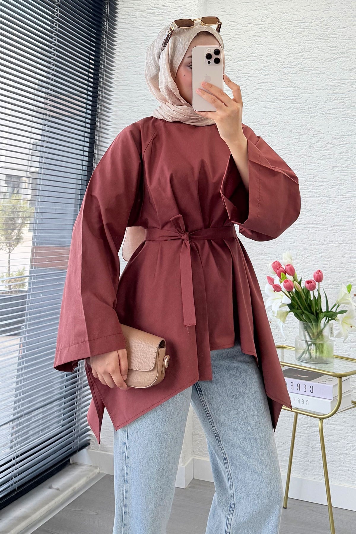 Premium Asimetrik Kesim Kuşaklı Poplin Bluz - Kiremit