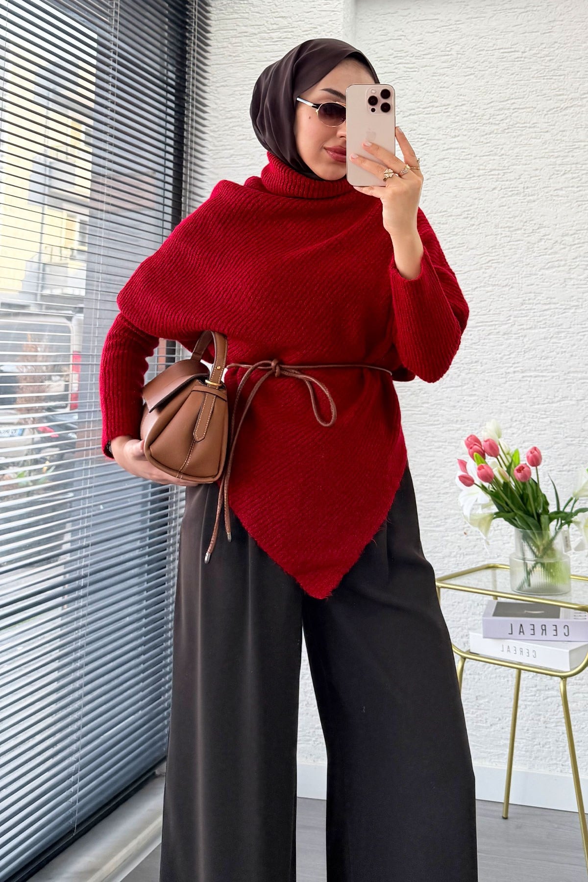 Premium Balıkçı Yaka Asimetrik Kesim Triko Bluz - Kırmızı