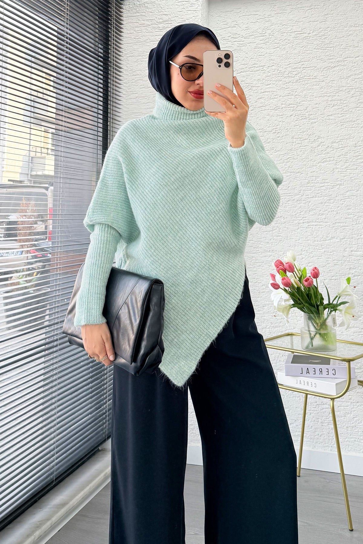Premium Balıkçı Yaka Asimetrik Kesim Triko Bluz - Mint