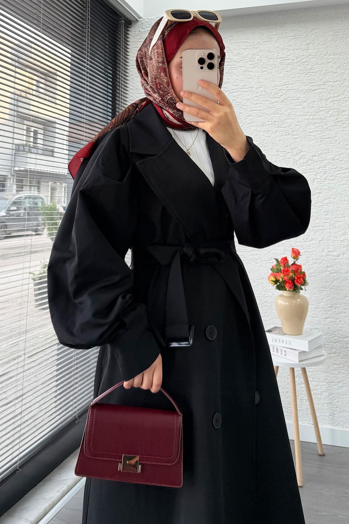 Premium Balon Kol Düğmeli Kadın Trençkot – Siyah