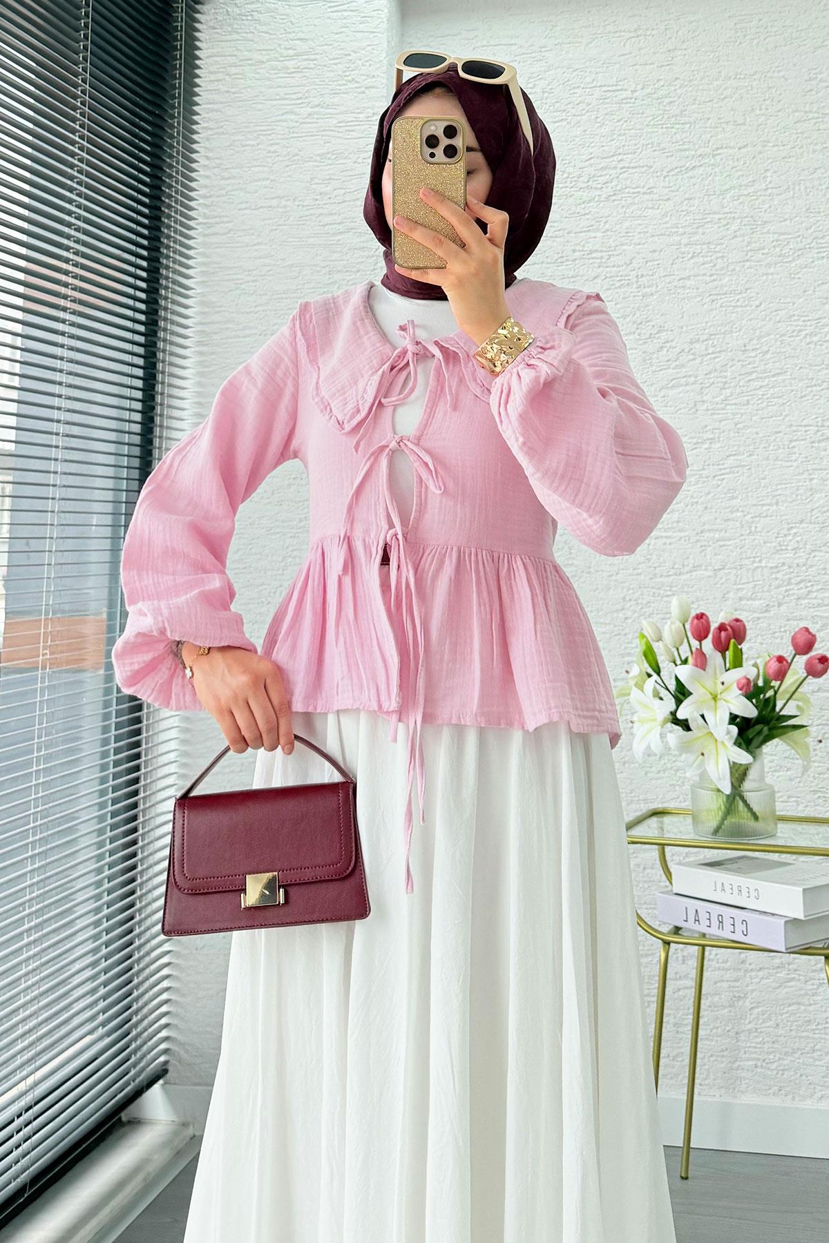 Premium Bebe Yaka Anvelop Müslin Bluz – Pembe