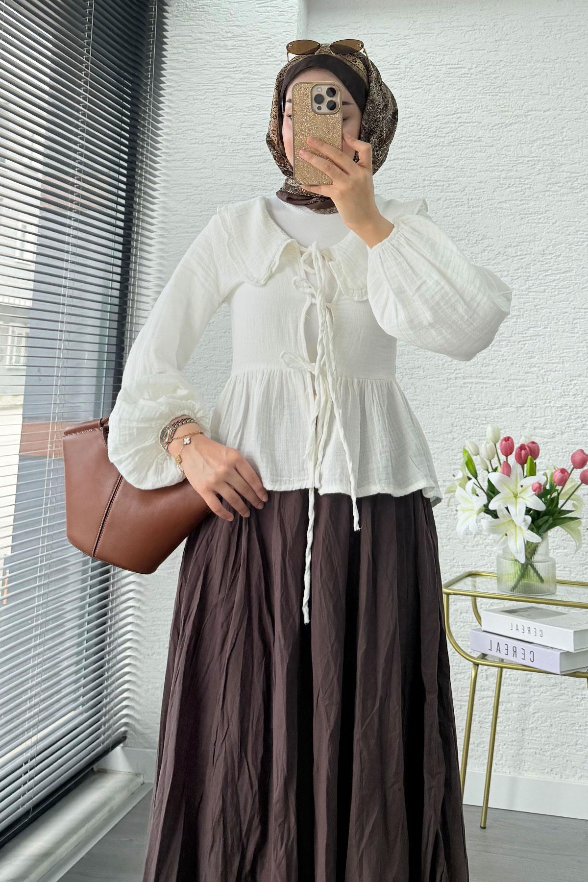 Premium Bebe Yaka Anvelop Müslin Bluz – Beyaz