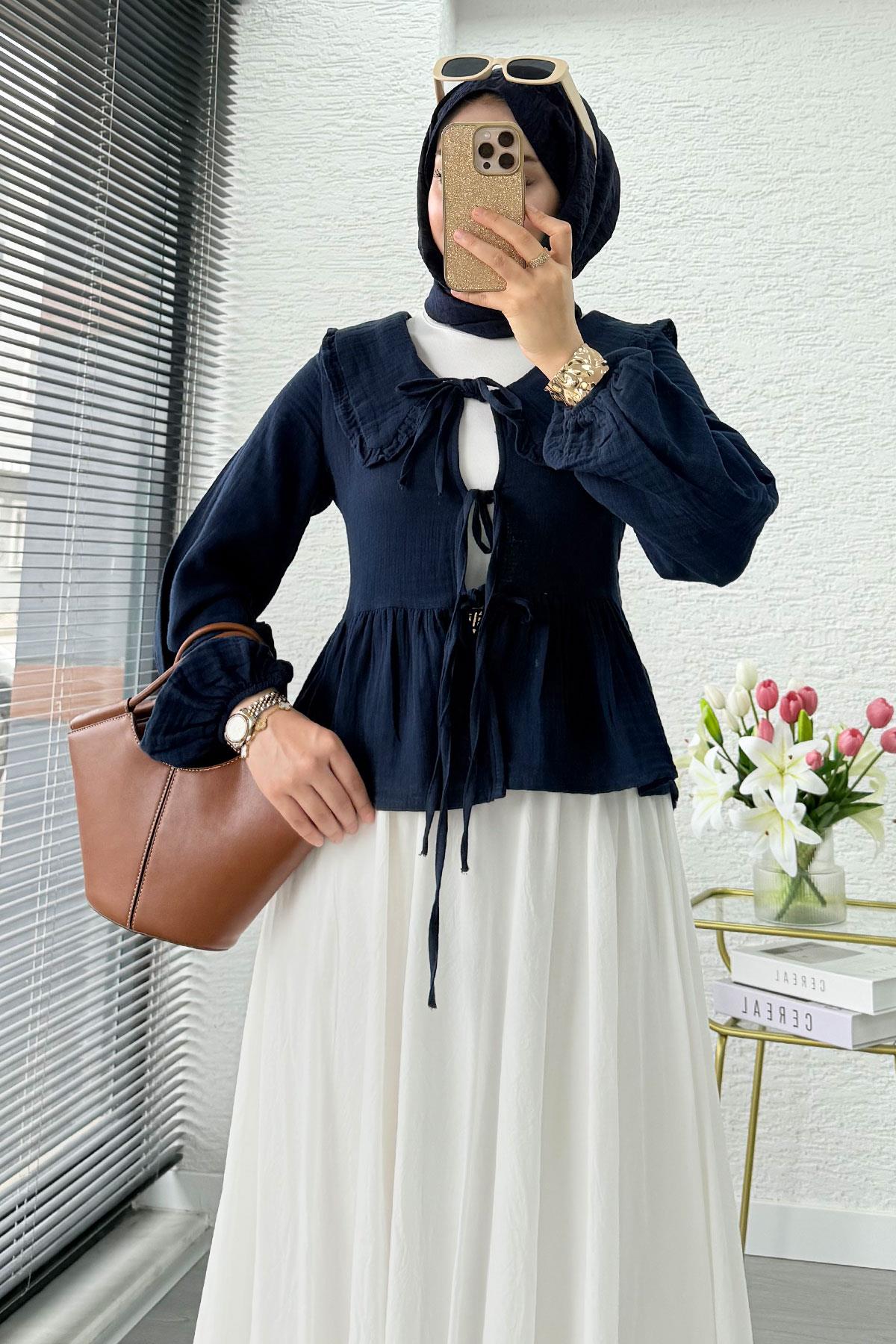 Premium Bebe Yaka Anvelop Müslin Bluz – Lacivert