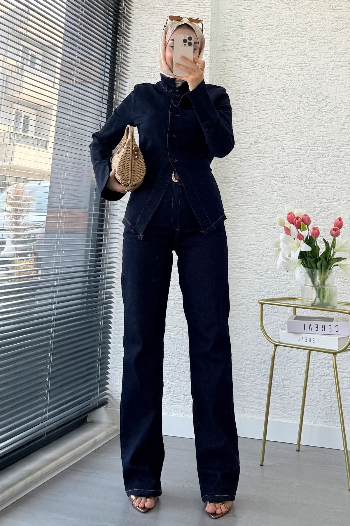 Premium Bel Bağlamalı Önden Düğmeli Denim Pantolon Takım -Koyu Mavi