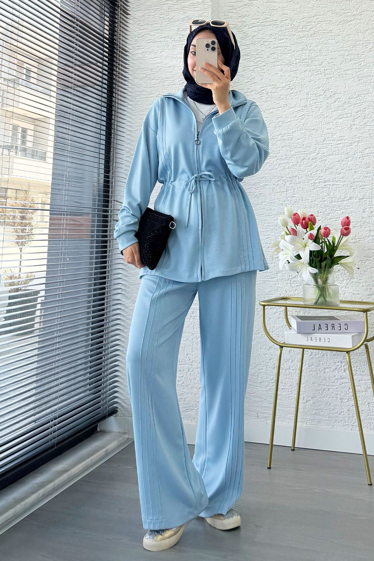Premium Bel Büzgülü Cima Detay Double Face Pantolon Takım - Mavi
