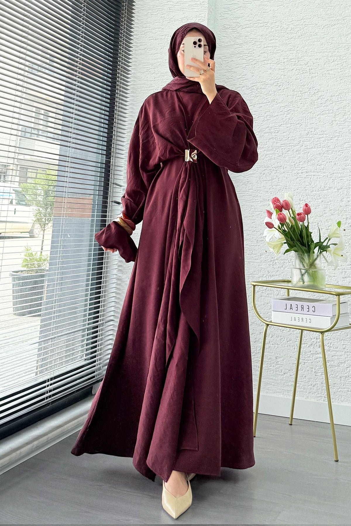 Premium Bronş Detaylı Modal Kimono Elbise - Bordo
