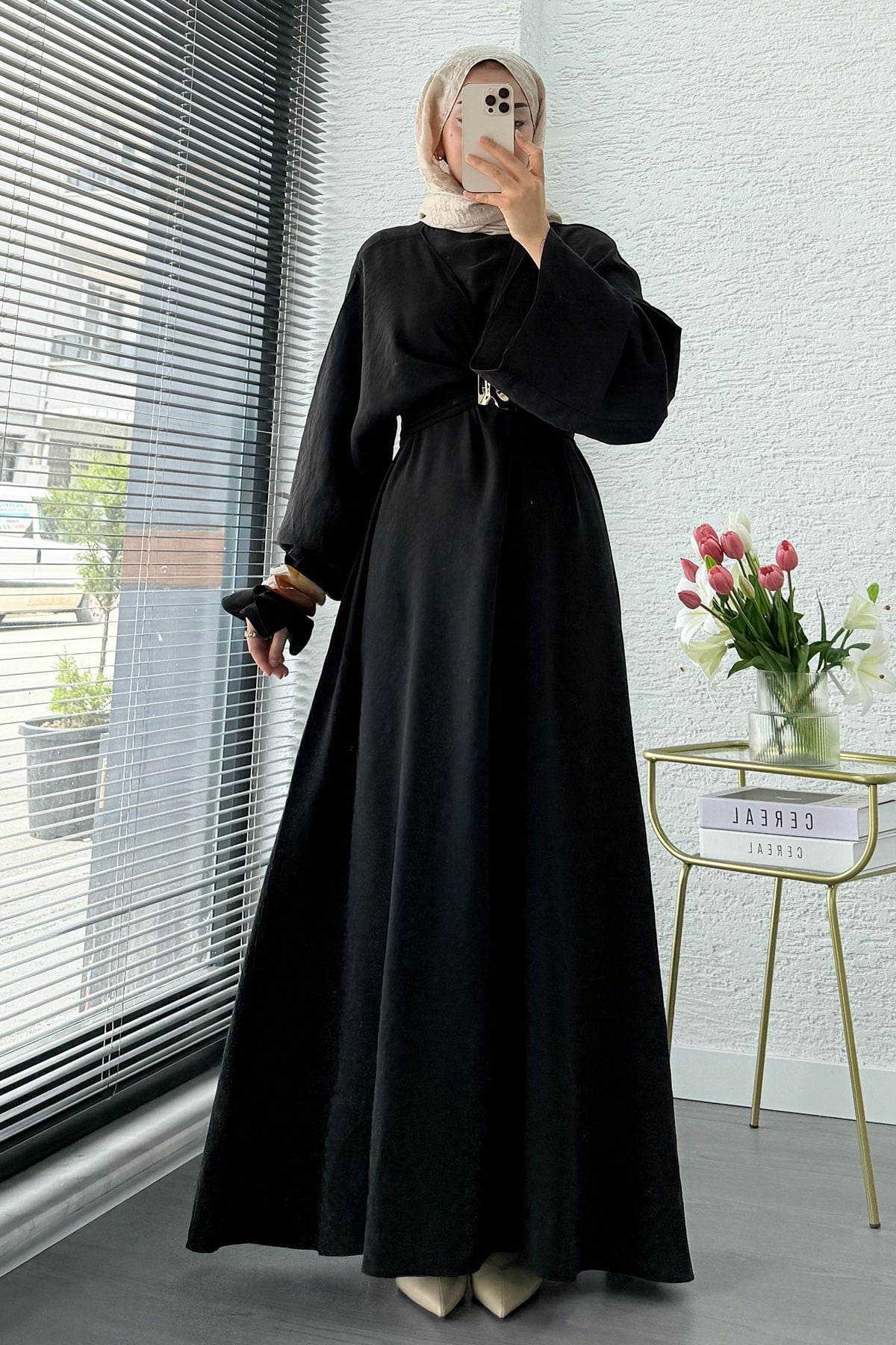 Premium Bronş Detaylı Modal Kimono Elbise - Siyah