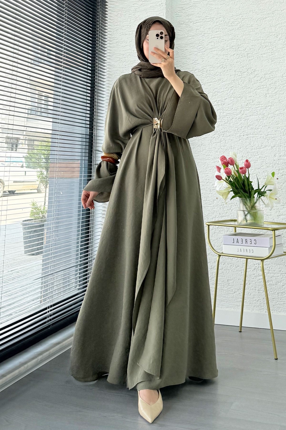 Premium Bronş Detaylı Modal Kimono Elbise - Haki