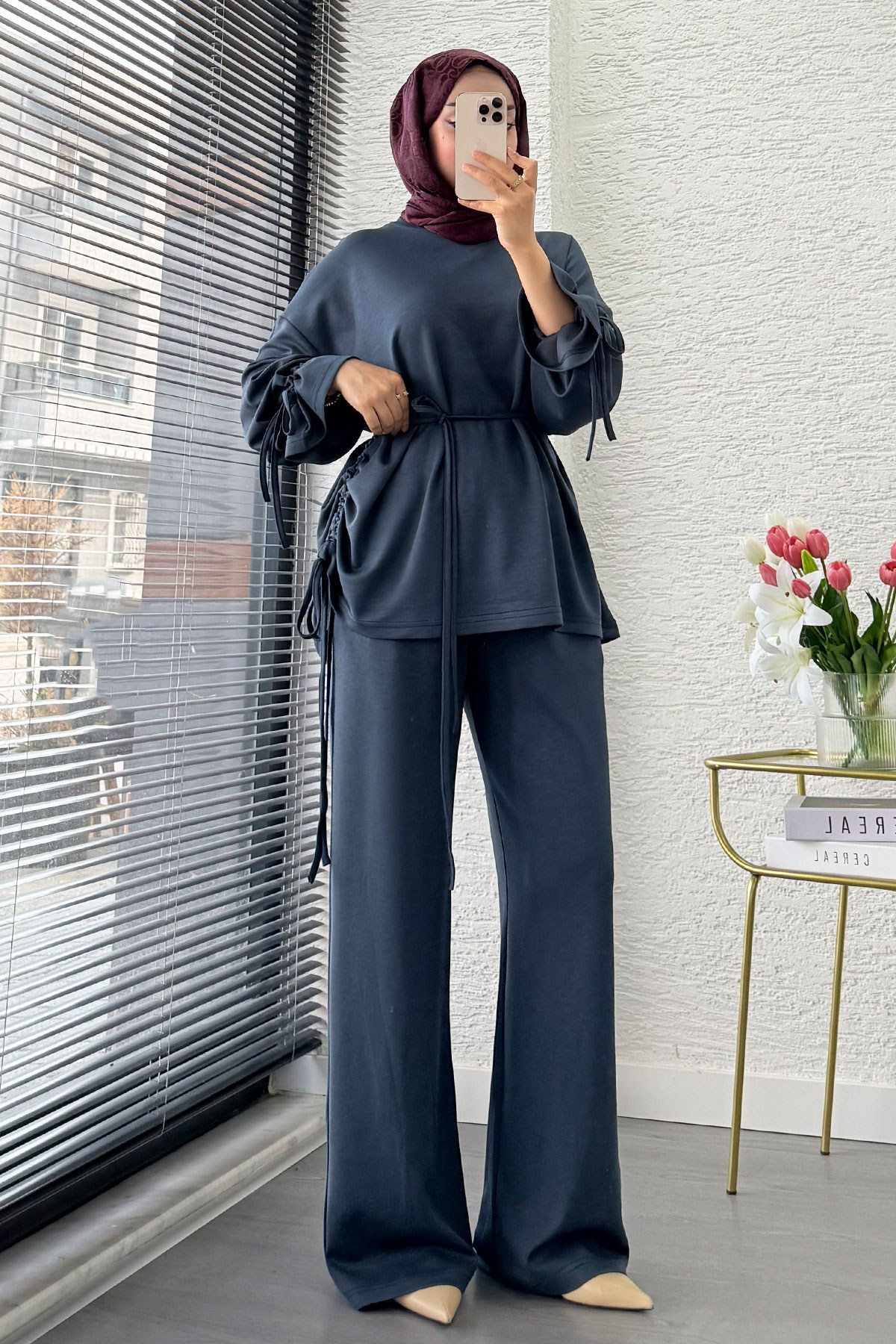 Premium Büzgü Detaylı Double Face Pantolon Takım - Antrasit
