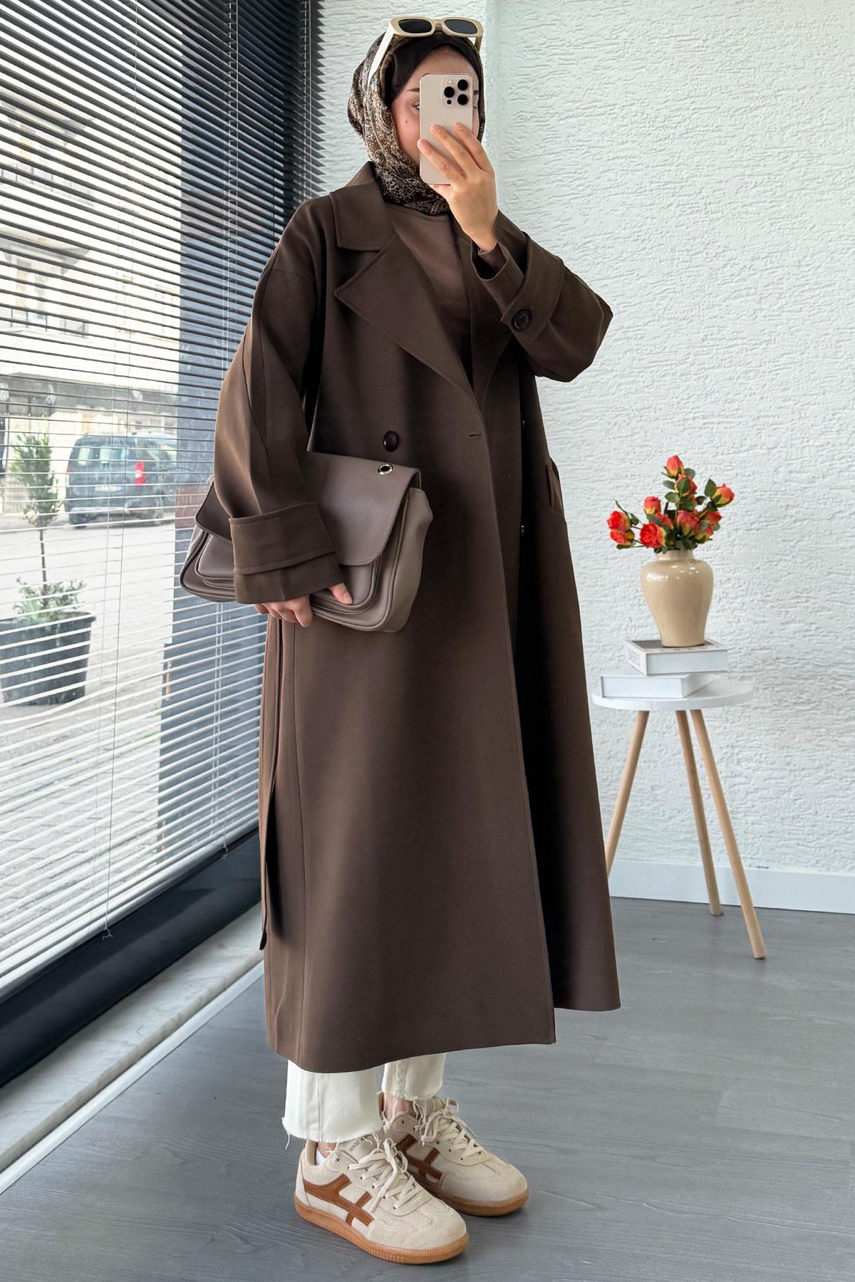 Premium Cepli Oversize Kadın Trençkot – Kahverengi