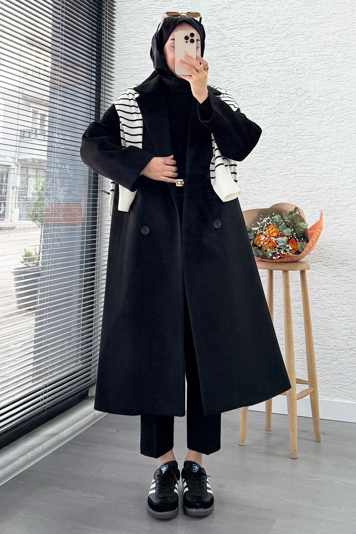 Premium Dört Düğmeli Cepli Oversize Kaşe Kaban - Siyah