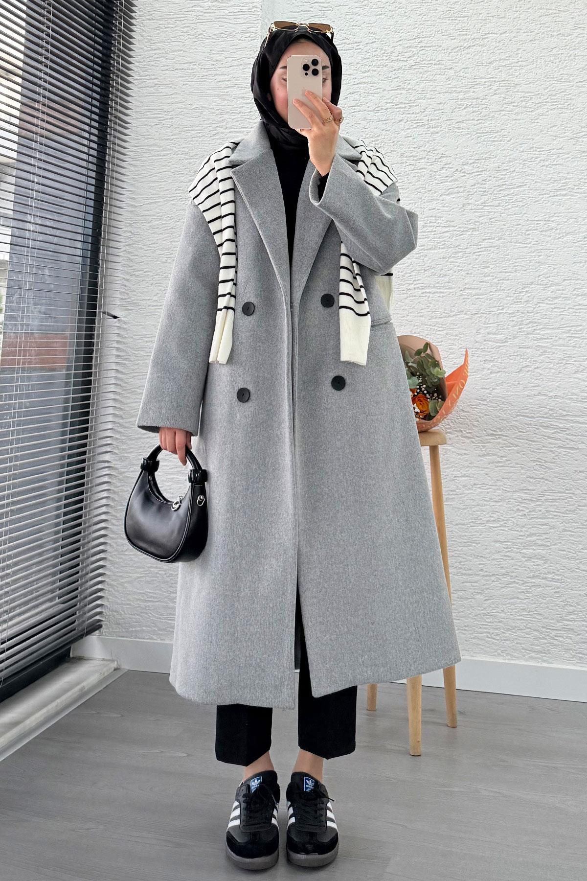 Premium Dört Düğmeli Cepli Oversize Kaşe Kaban - Gri