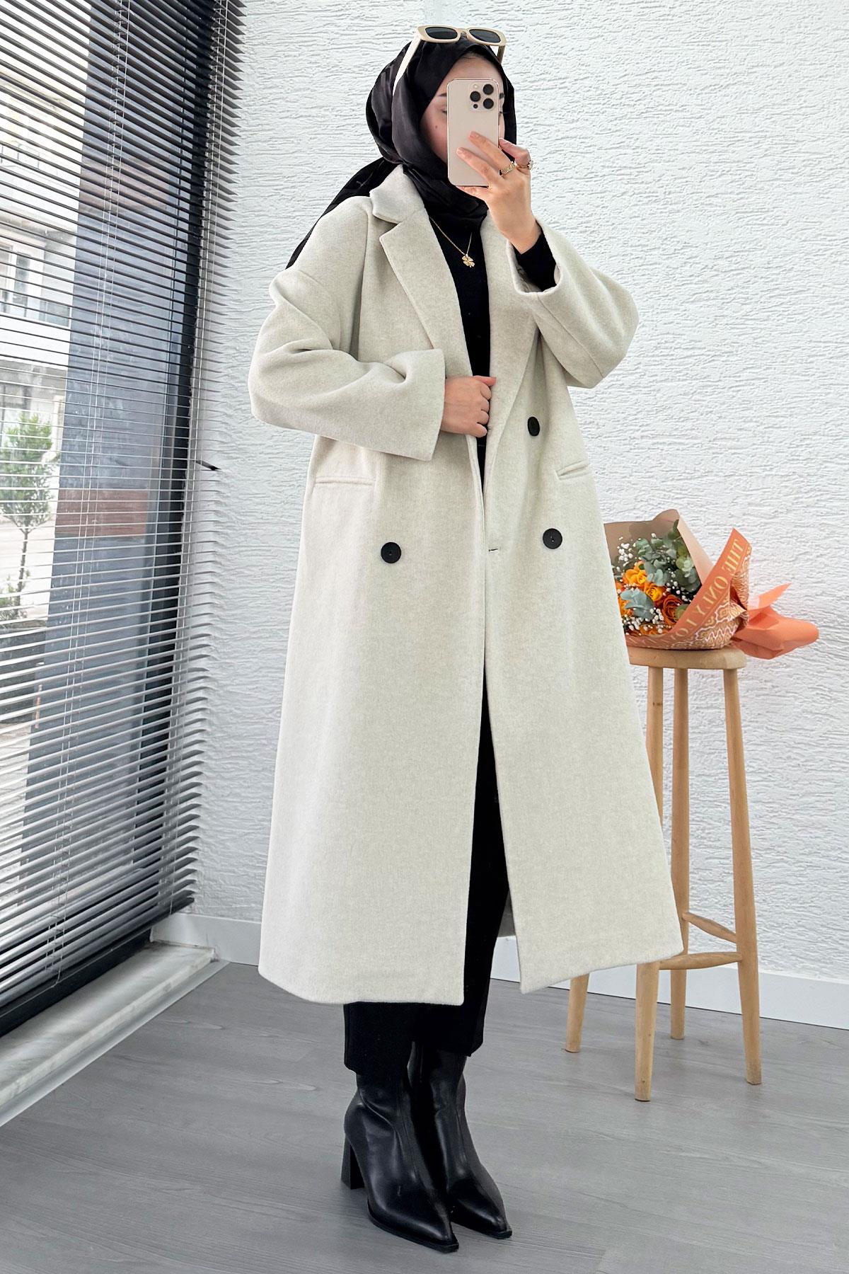 Premium Dört Düğmeli Cepli Oversize Kaşe Kaban - Taş