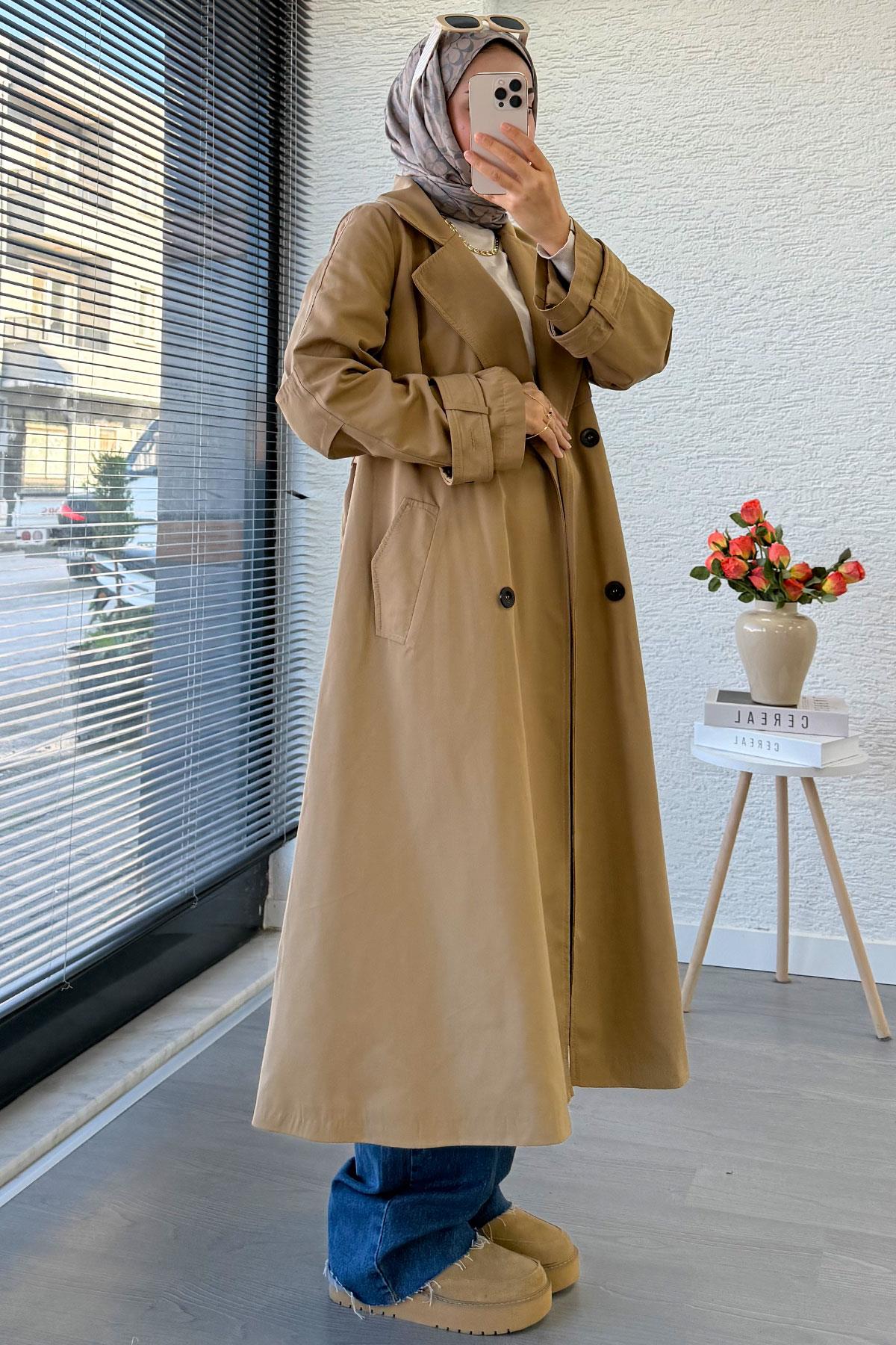 Premium Dört Düğmeli Oversize Kadın Trençkot - Camel