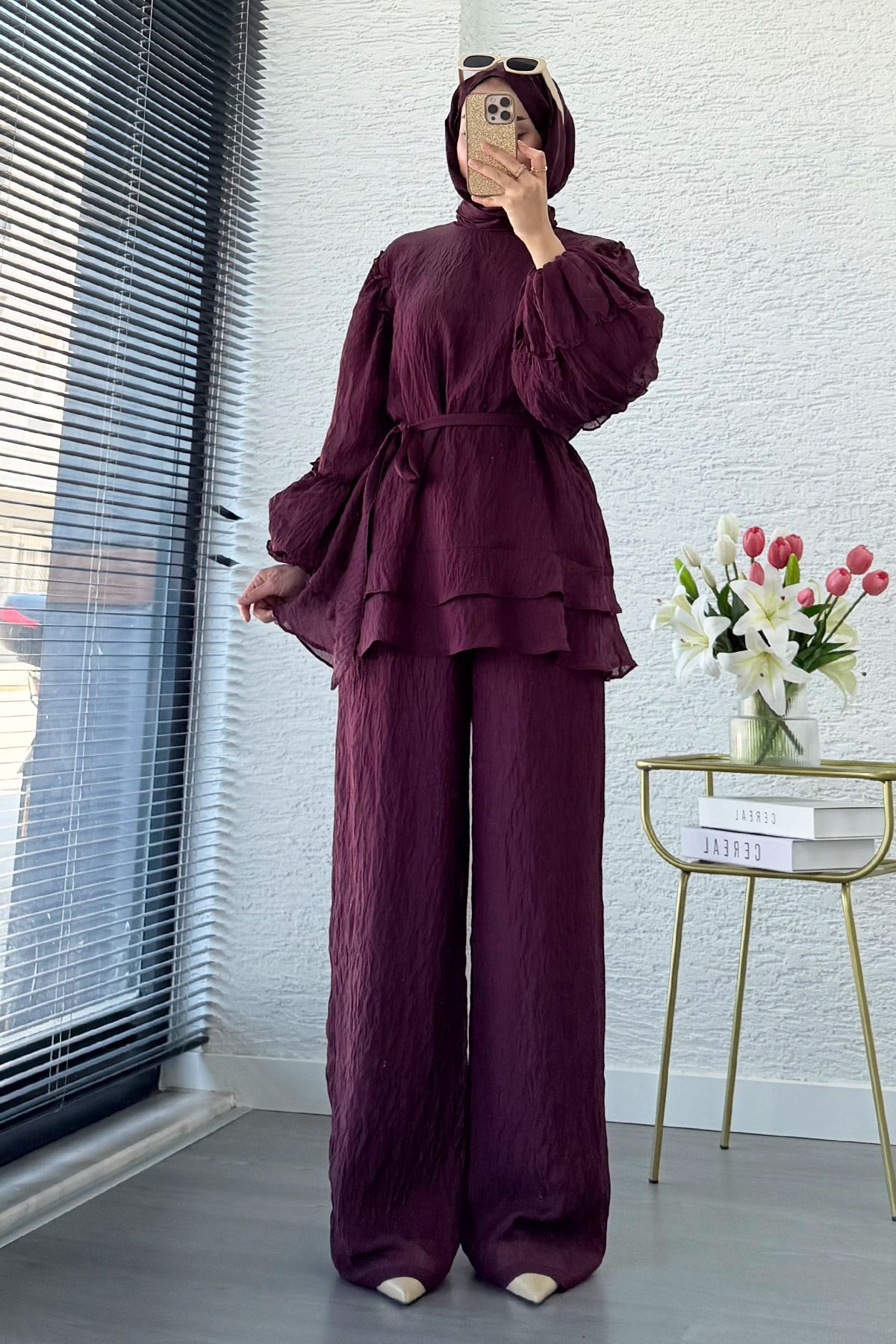 Premium Fırfır Detaylı Tül Modal İkili Takım - Bordo