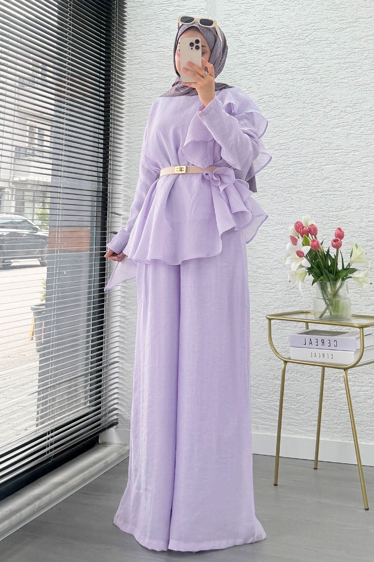 Premium Fırfır Detaylı Vual Pantolon Takım - Lila
