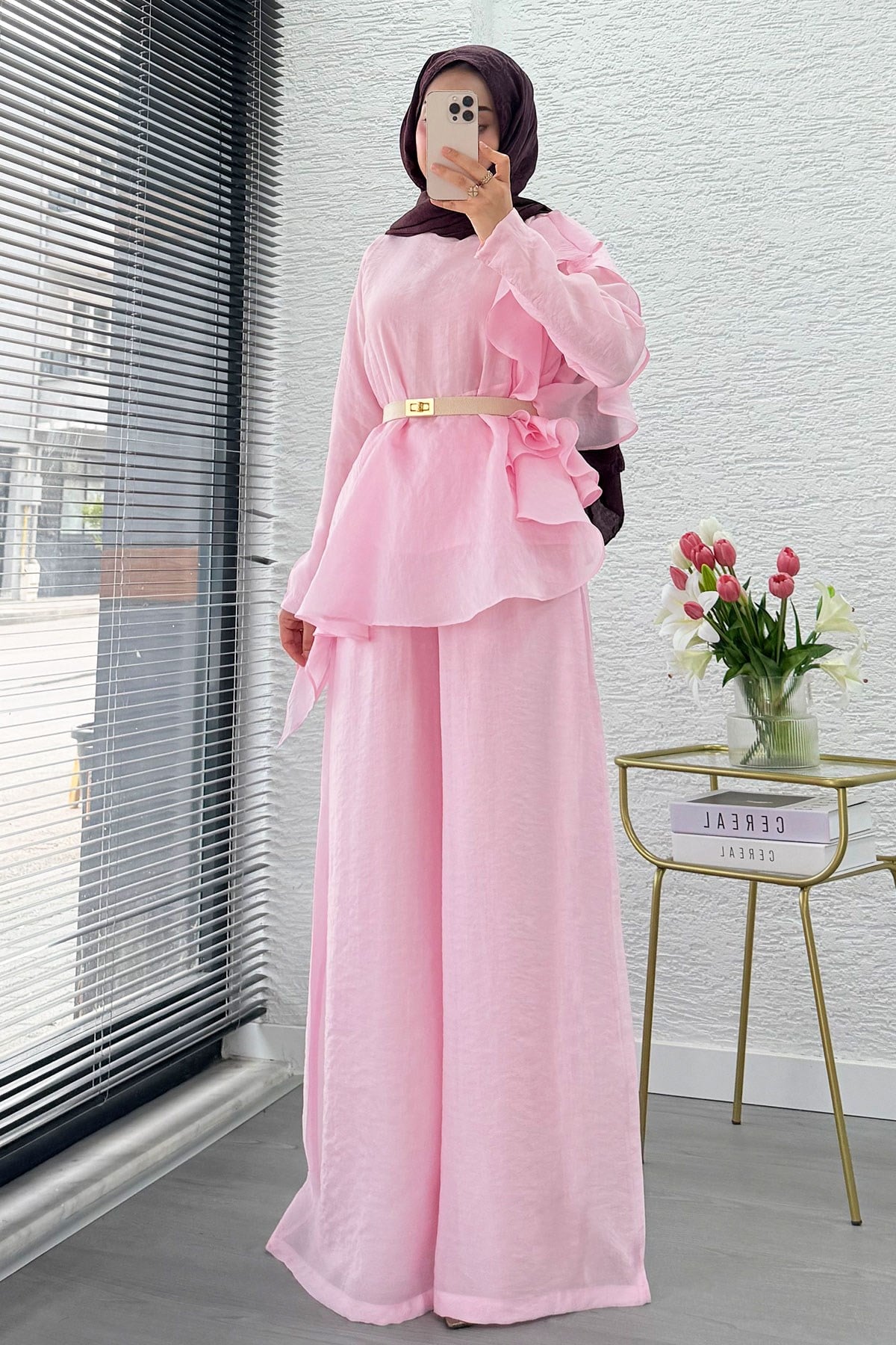 Premium Fırfır Detaylı Vual Pantolon Takım - Pembe