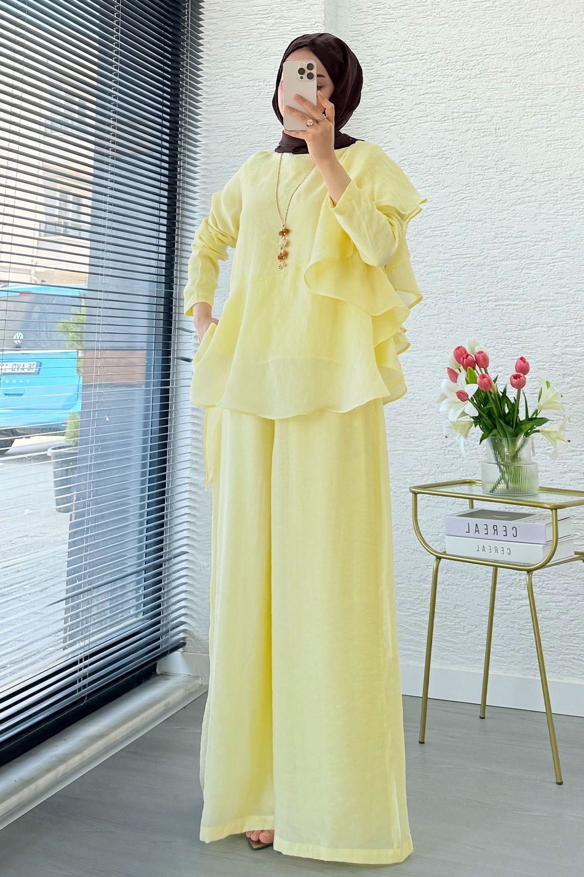 Premium Fırfır Detaylı Vual Pantolon Takım - Sarı