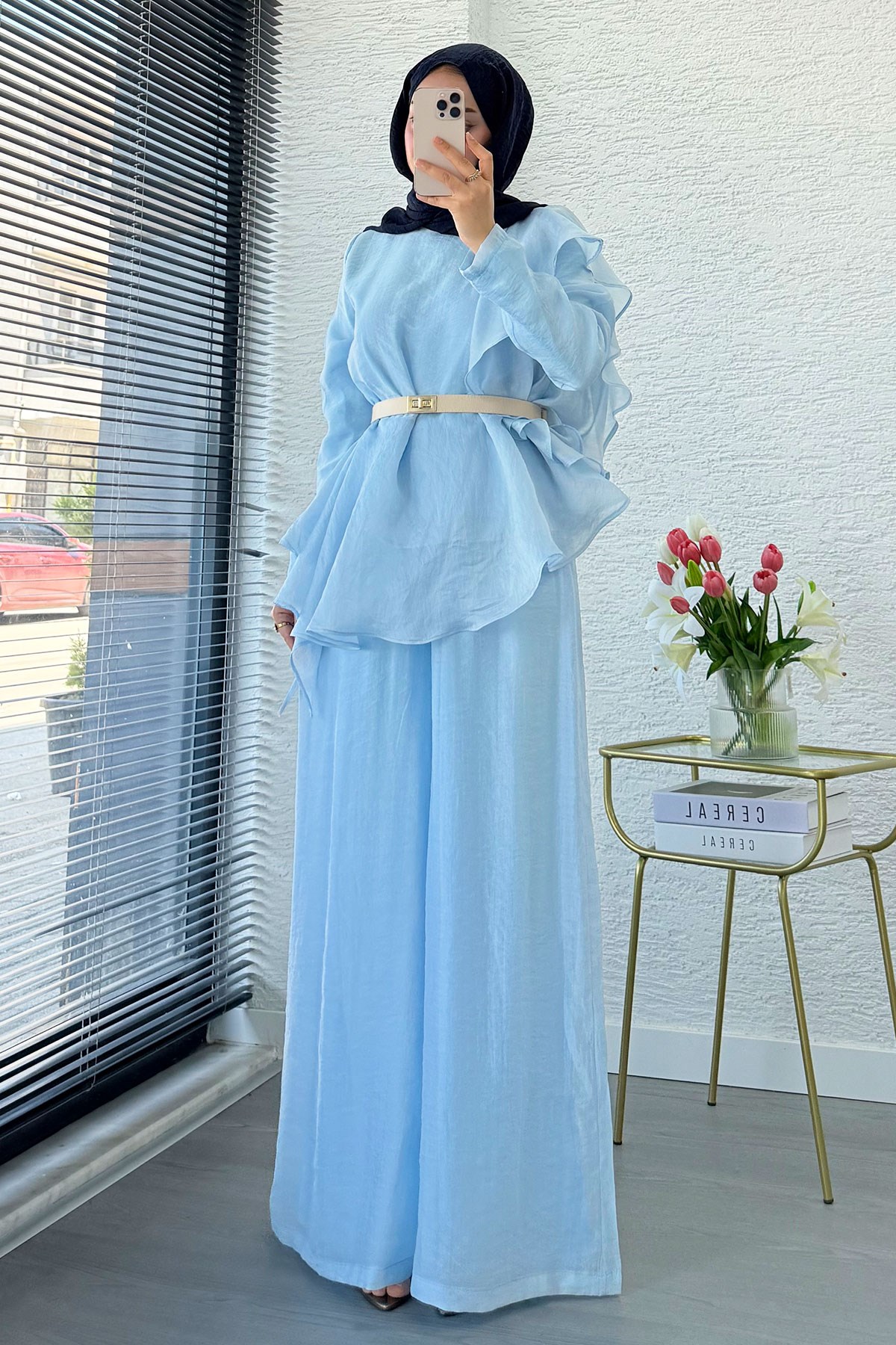 Premium Fırfır Detaylı Vual Pantolon Takım - Mavi