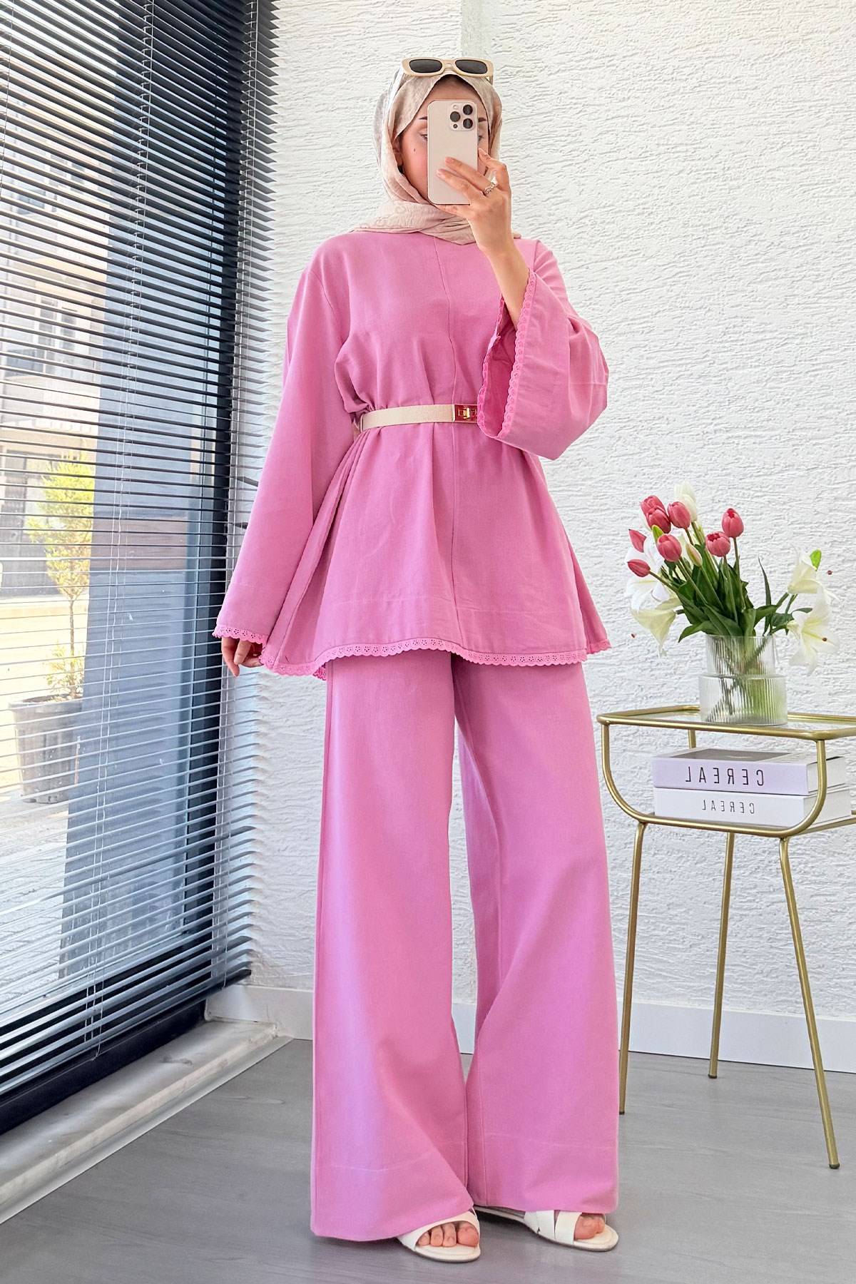 Premium Fisto Detaylı Nua Keten Pantolon Takım - Pembe