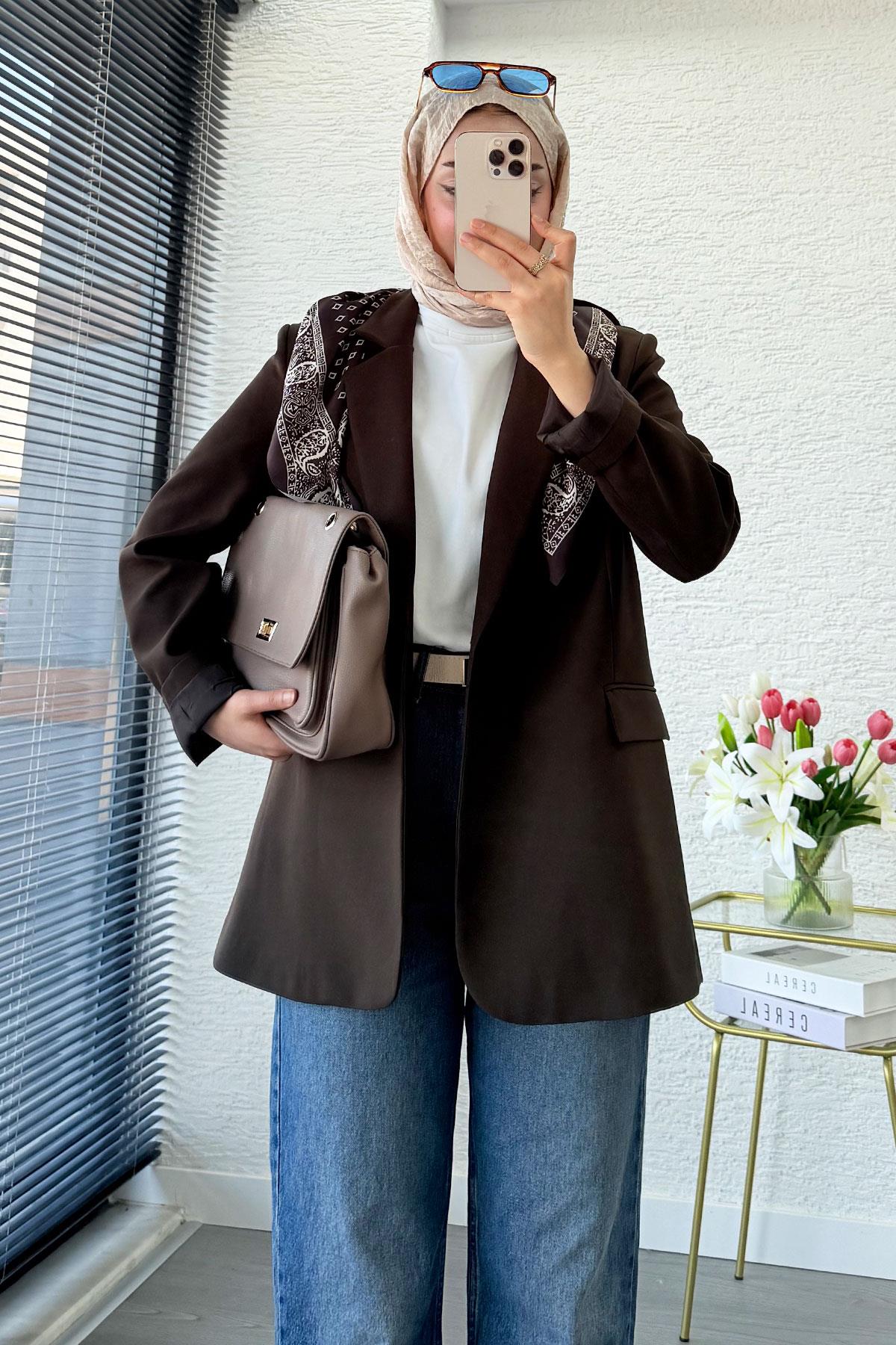 Premium Fular Detaylı Blazer Ceket – Kahverengi