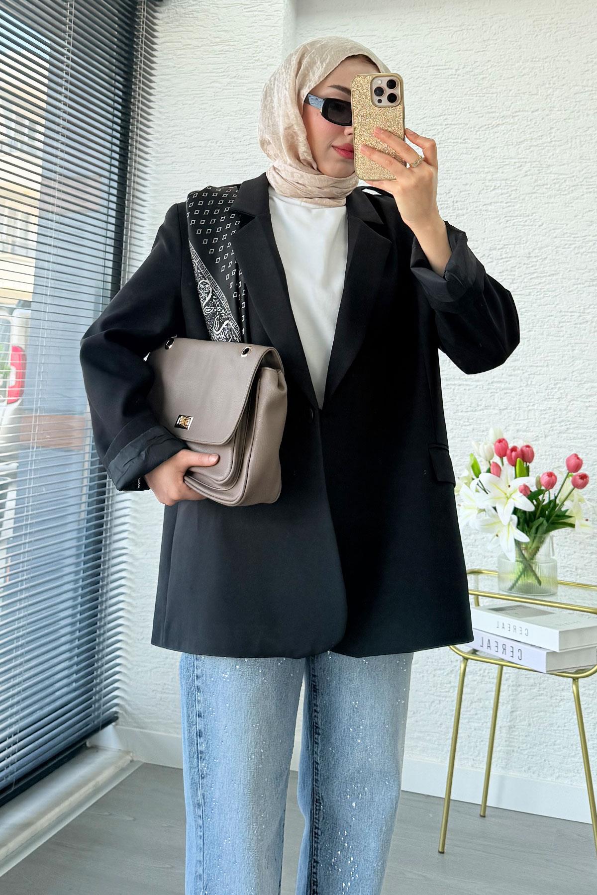 Premium Fular Detaylı Blazer Ceket – Siyah