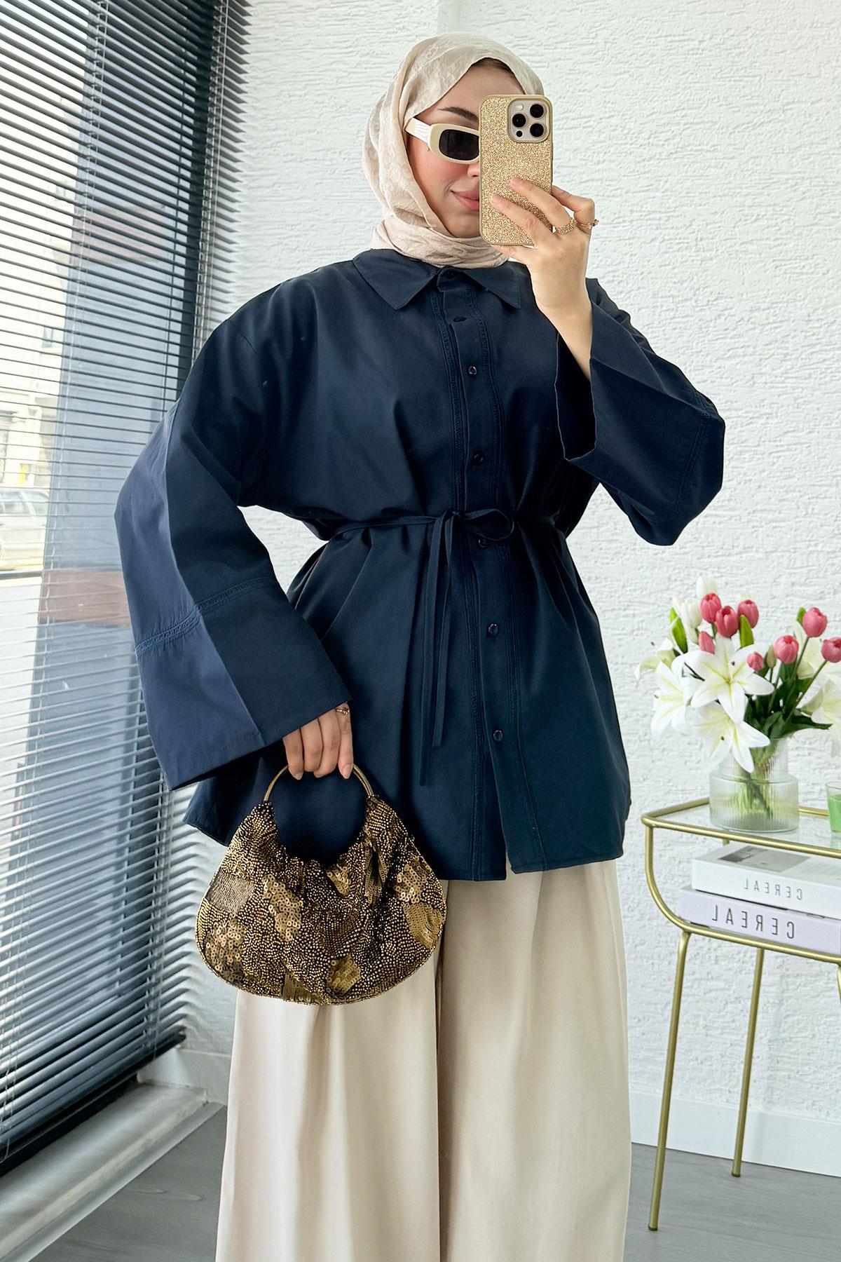 Premium Güpür Biyeli Poplin Gömlek Tunik - Lacivert