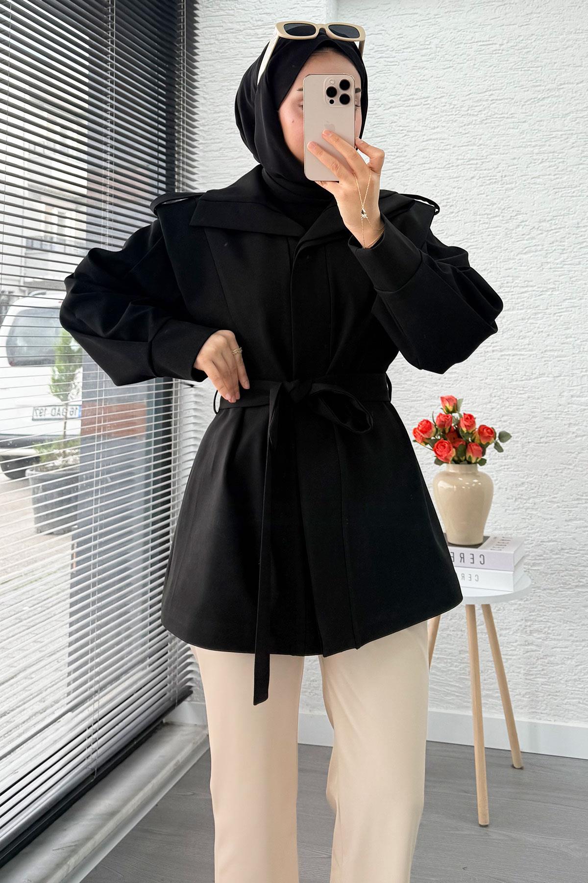 Premium Hakim Yaka Apoletli Astarlı Kadın Trençkot - Siyah