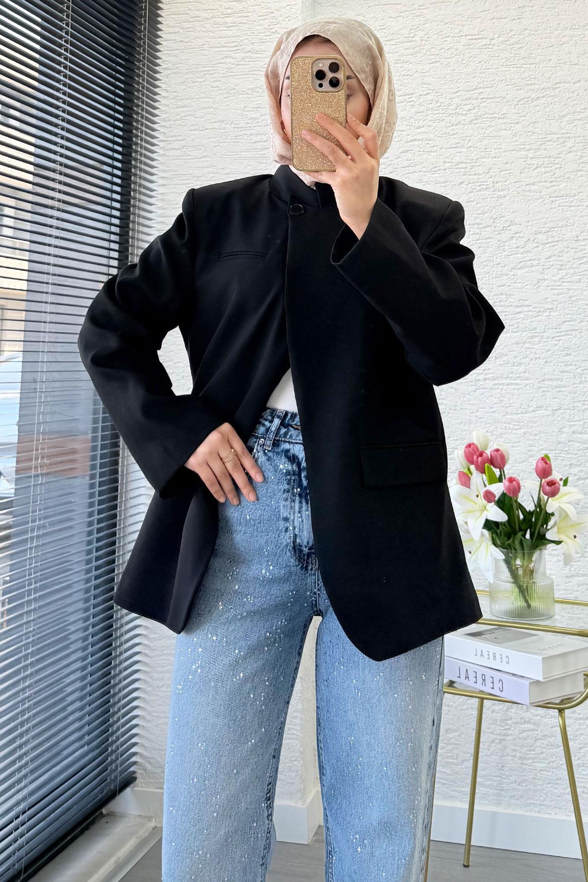 Premium Hakim Yaka Çapraz Düğmeli Blazer Ceket – Siyah