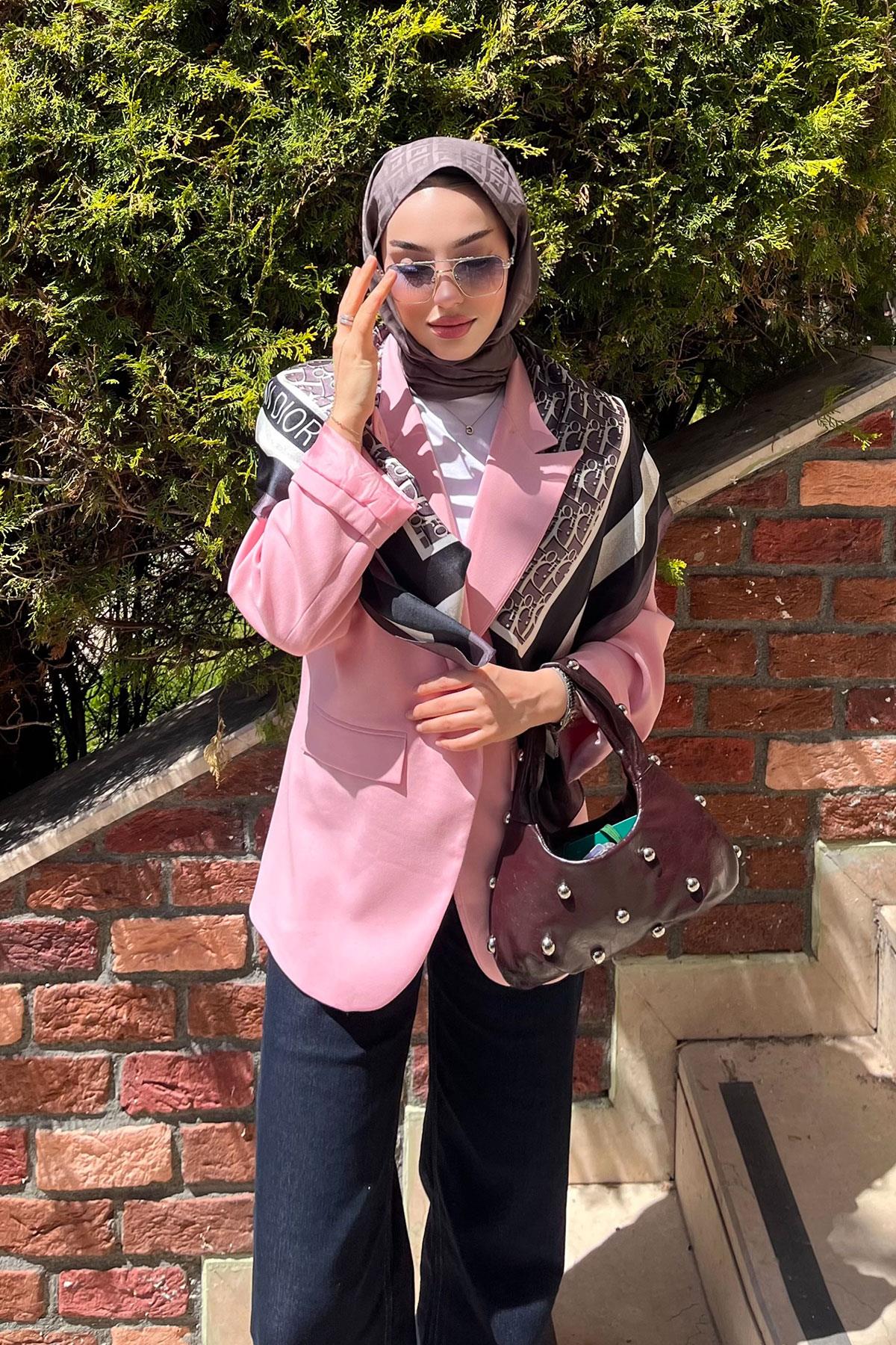 Premium Hakim Yaka Çapraz Düğmeli Blazer Ceket – Pembe