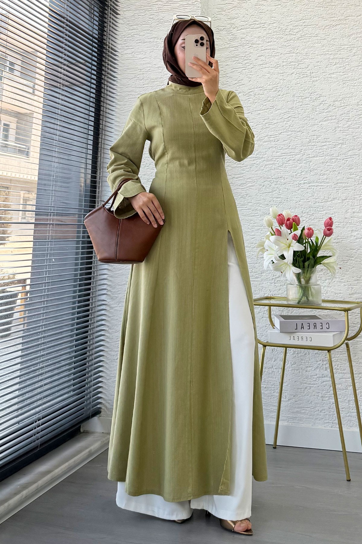 Premium Hakim Yaka Yırtmaç Detaylı Keten Tunik - Çağla Yeşili