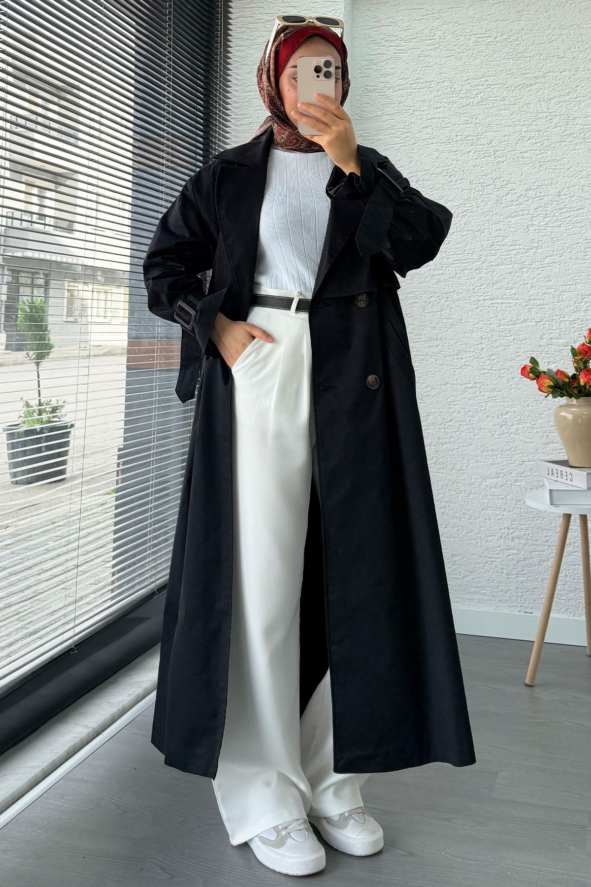 Premium Kapaklı Oversize Kadın Trençkot – Siyah
