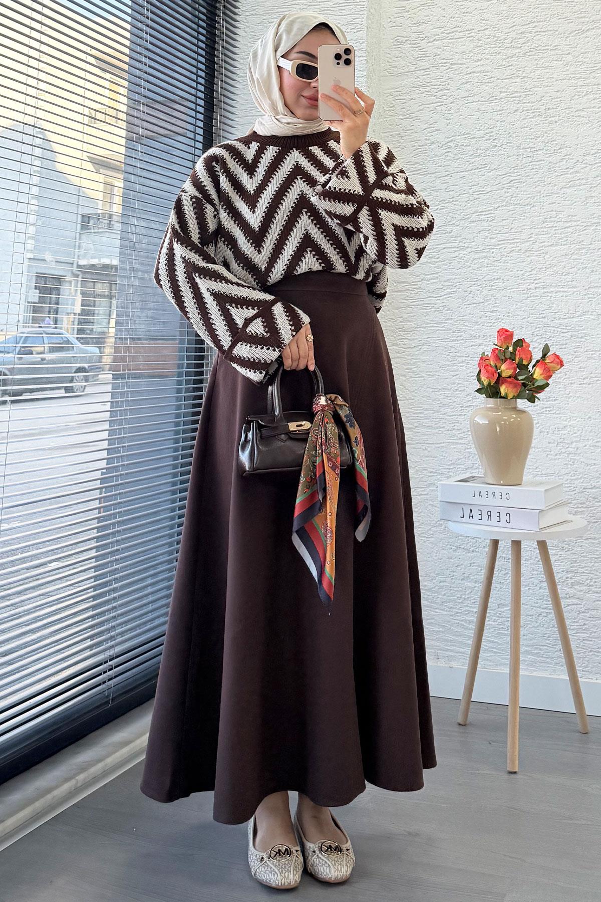 Premium Kaşe Kloş Form Etek - Acı Kahve