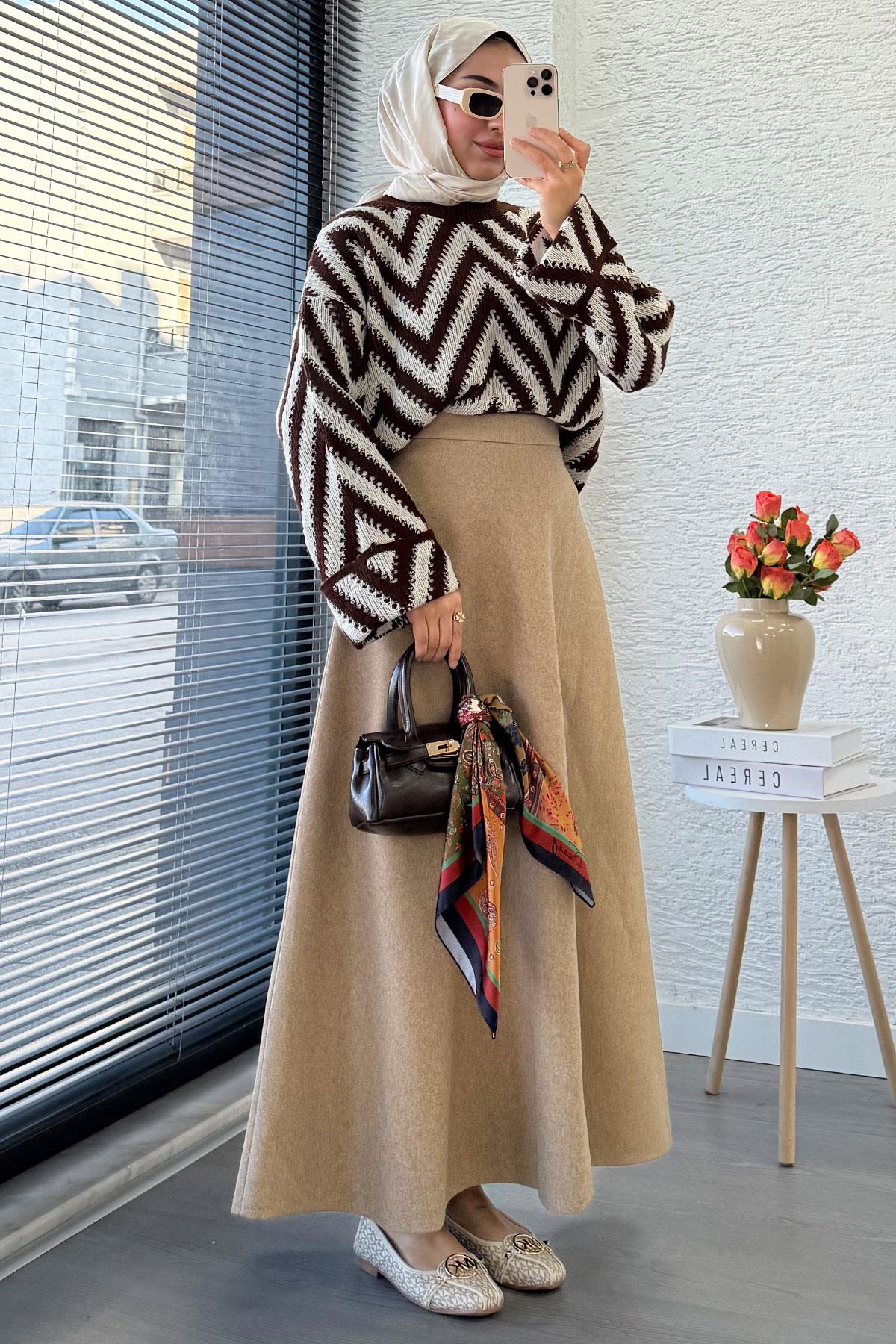 Premium Kaşe Kloş Form Etek - Bej