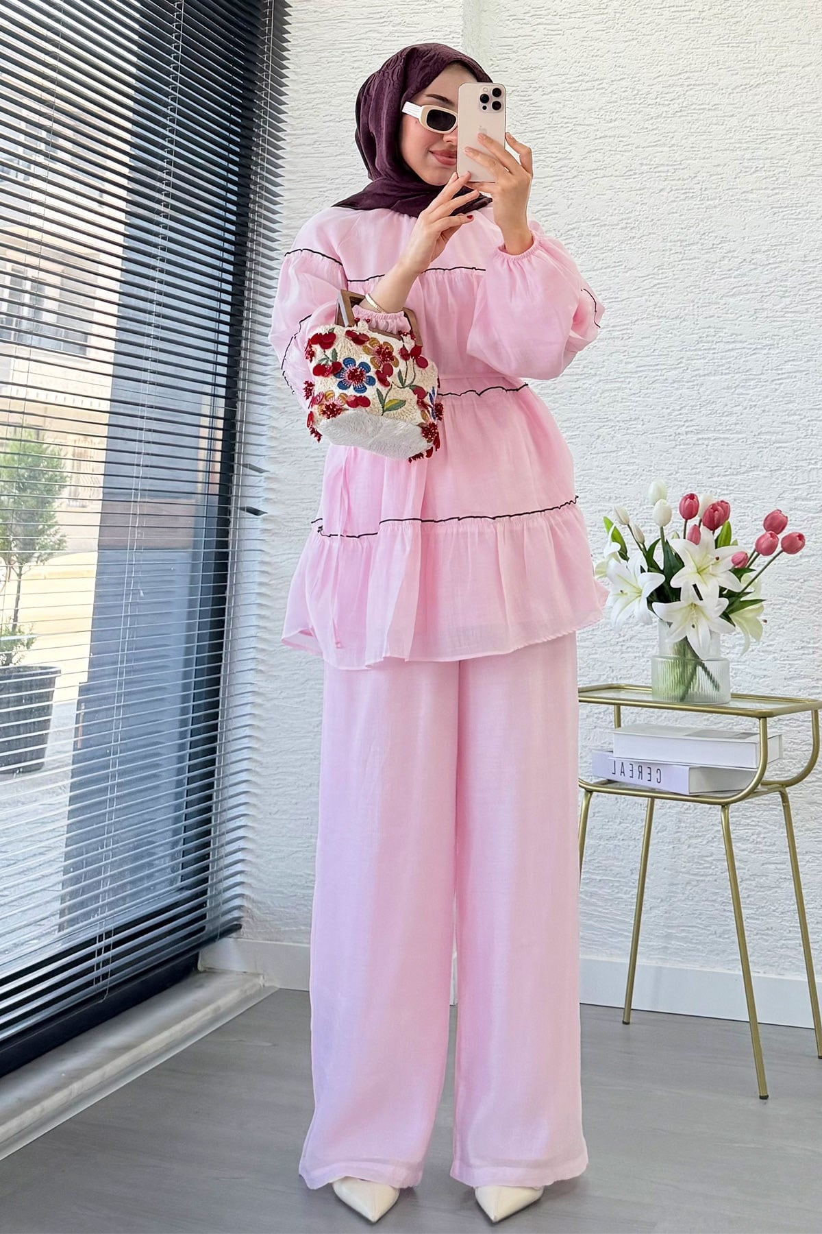Premium Katlı Büzgü Detaylı Tül Modal Pantolon Takım - Pembe