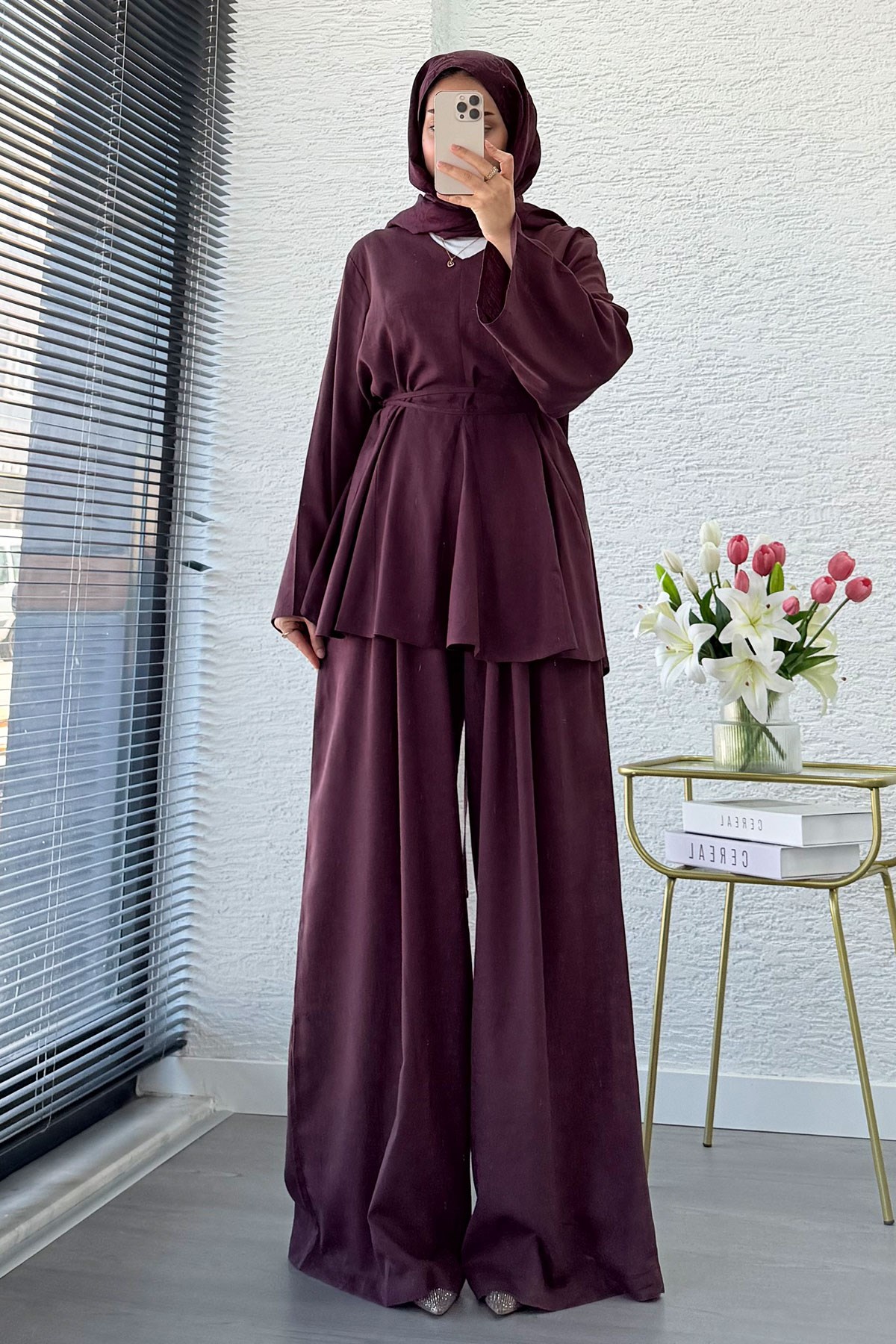 Premıum Keten Velora Pantolon Takım - Mürdüm