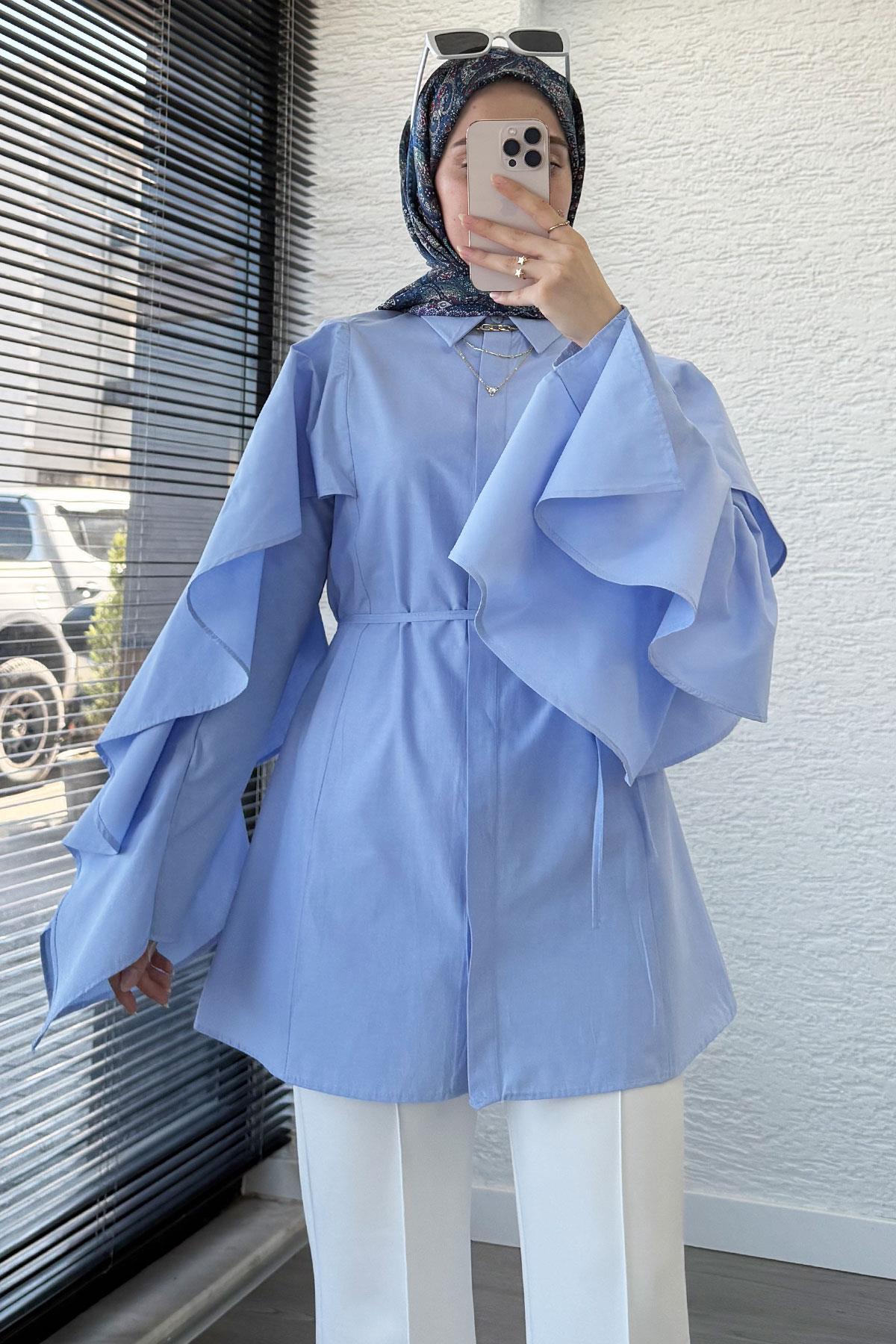 Premium Kol Volanlı Poplin Tunik – Mavi