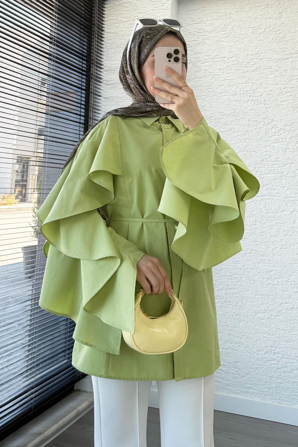 Premium Kol Volanlı Poplin Tunik – Yeşil