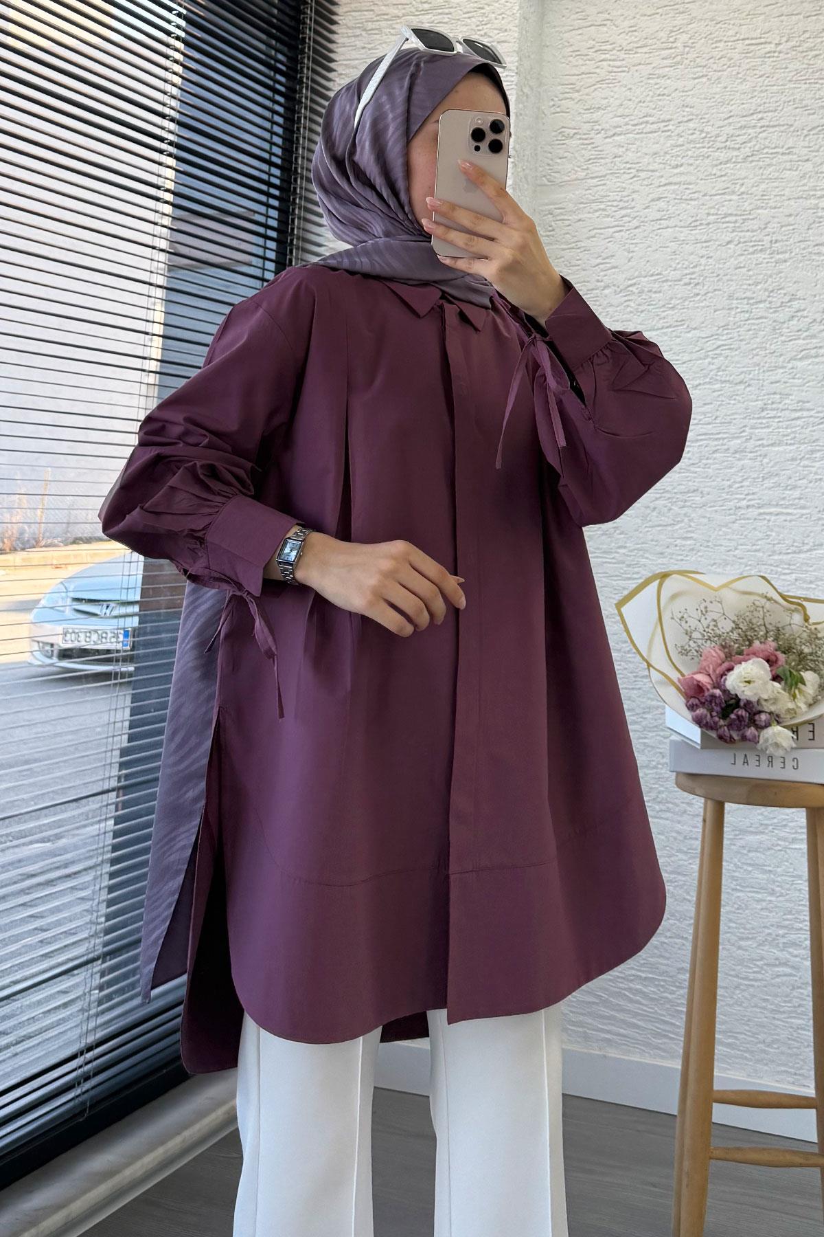 Premium Kolu Bağlamalı Pensli Poplin Tunik - Mürdüm