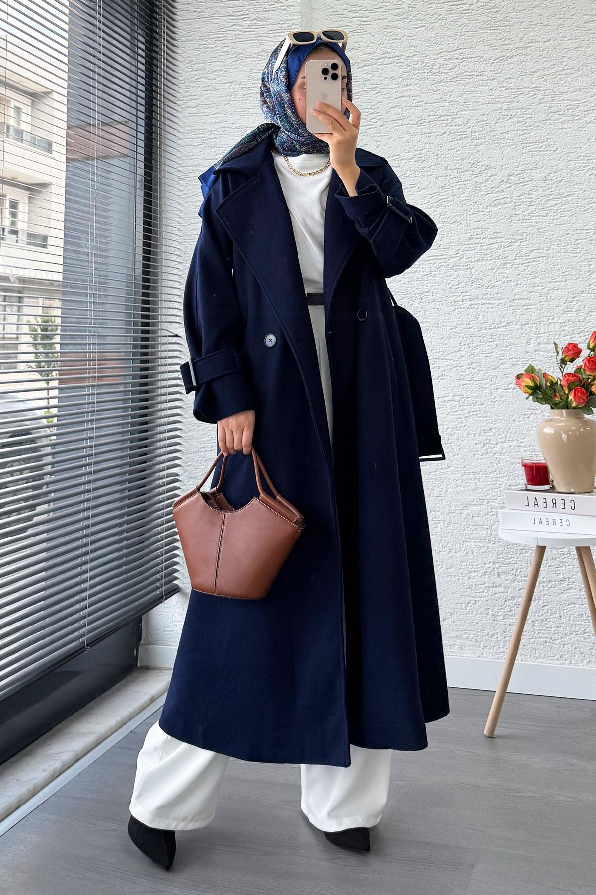Premium Kolu Tokalı Oversize Eva Kaşe Kaban – Lacivert