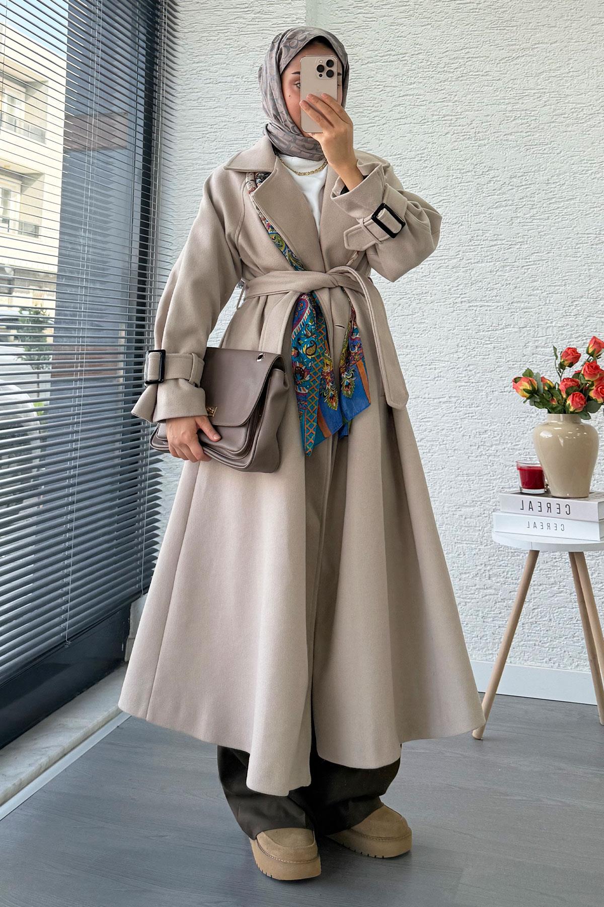 Premium Kolu Tokalı Oversize Eva Kaşe Kaban – Taş